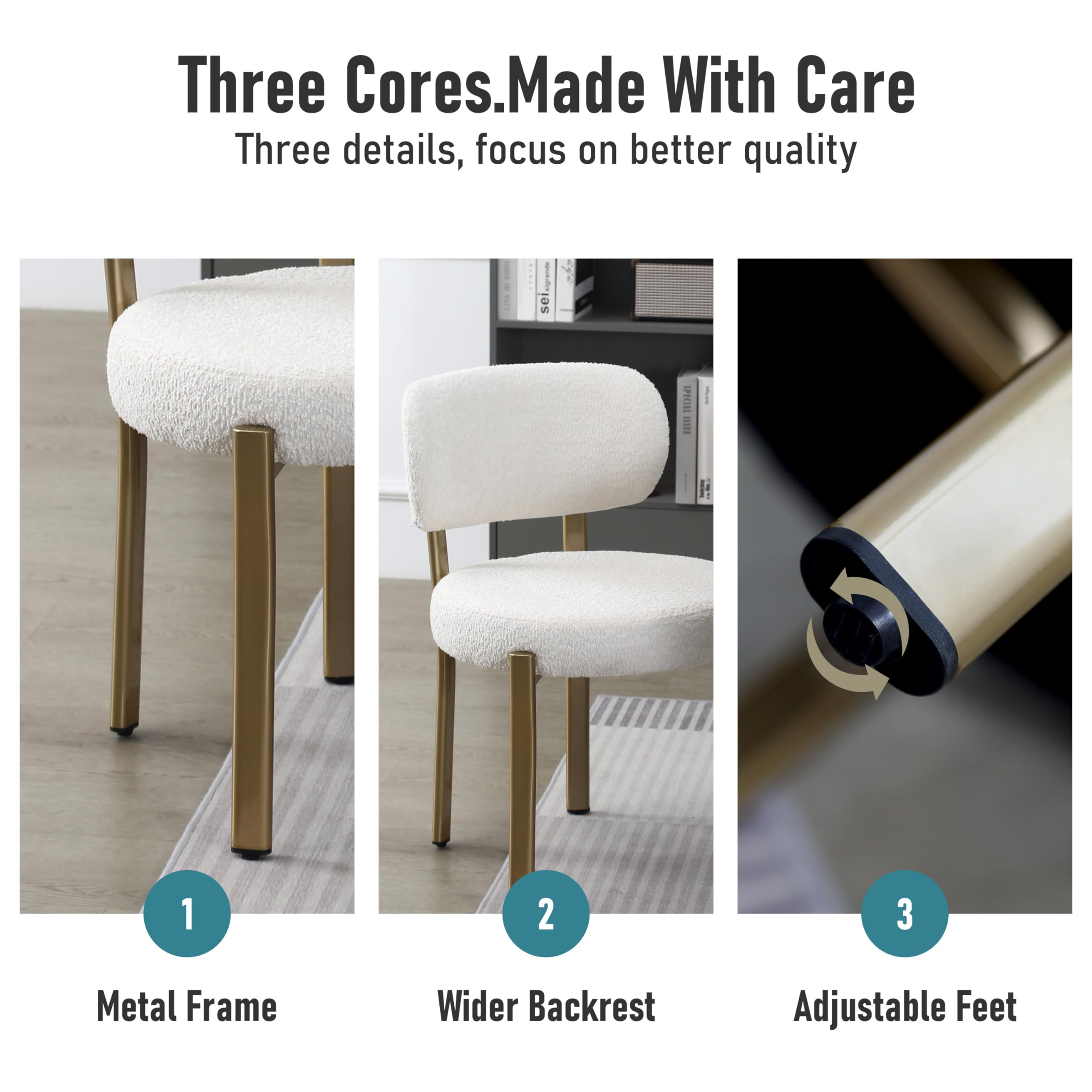 DYHOME Set of 2 White Upholstered Boucle Sherpa Dining Chairs - Mid Century Modern Kitchen Chairs with Gold Metal Legs for Dining Room, Breakfast Nook & Small Space Decor