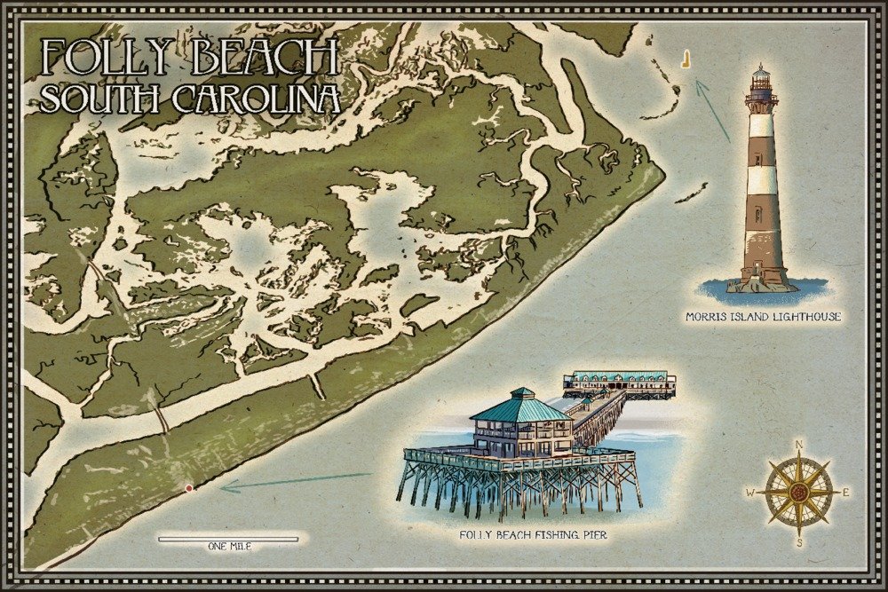 South Carolina Folly Beach Map - 16x24 Gallery Quality Metal Art Wall Decor for Home & Office | Perfect for Coastal & Travel Enthusiasts