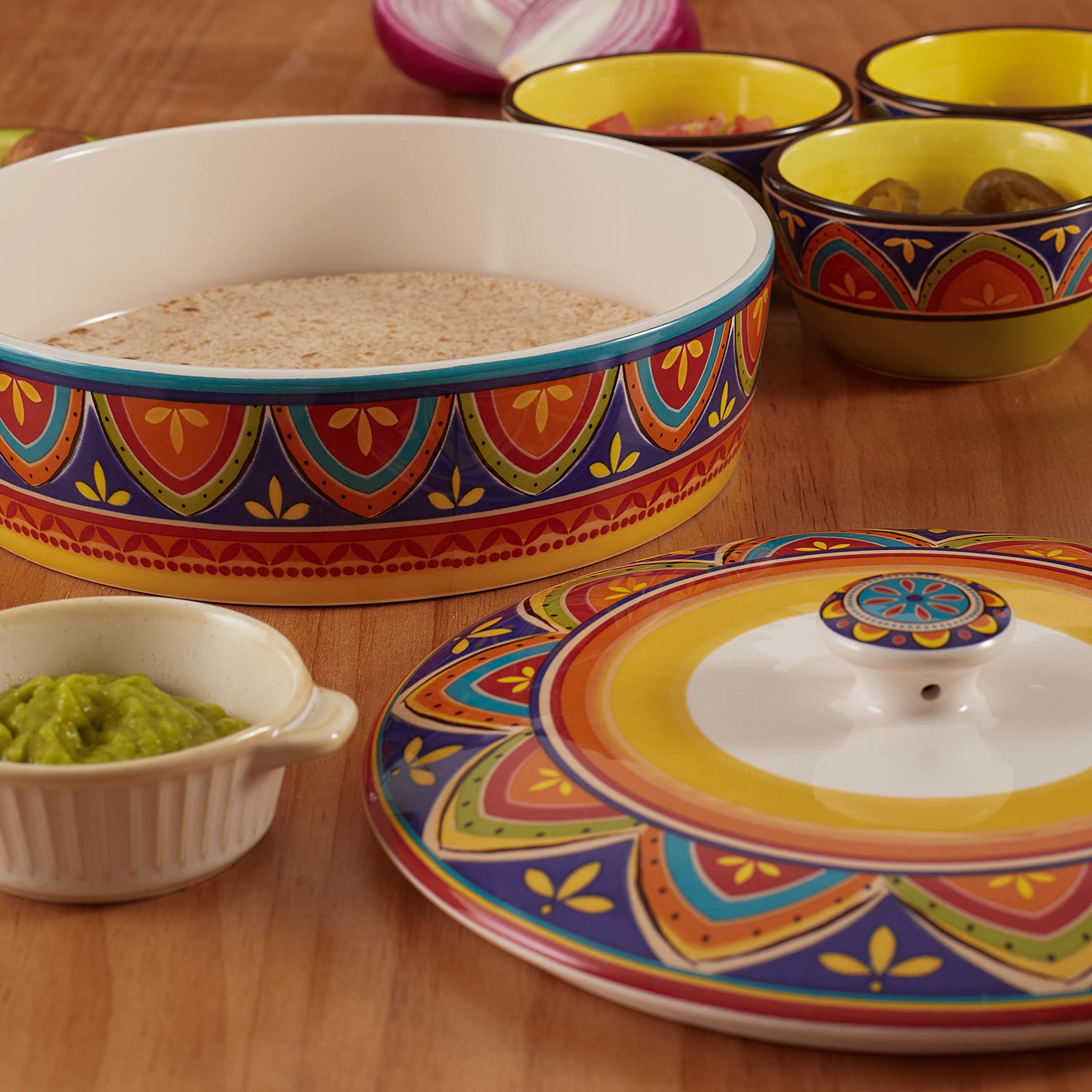 Bico Tunisian Ceramic 8.8 Inch Tortilla Warmer with Lid - Microwave & Dishwasher Safe Taco Holder for Mexican Fiesta, Taco Tuesday & Cinco De Mayo - Perfect for Parties, Family Dinners & Taco Nights