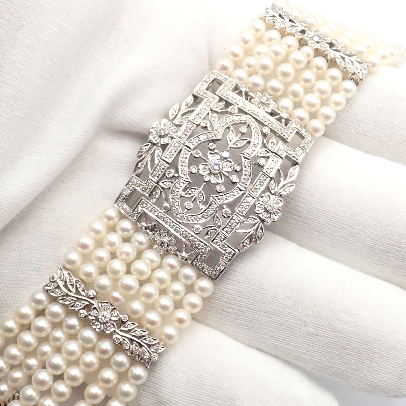 Vintage 18k White Gold Diamond & Pearl Bracelet - 7 Rows 4.5mm Pearls, Elegant Estate Jewelry for Women - Perfect for Weddings, Anniversaries & Special Occasions
