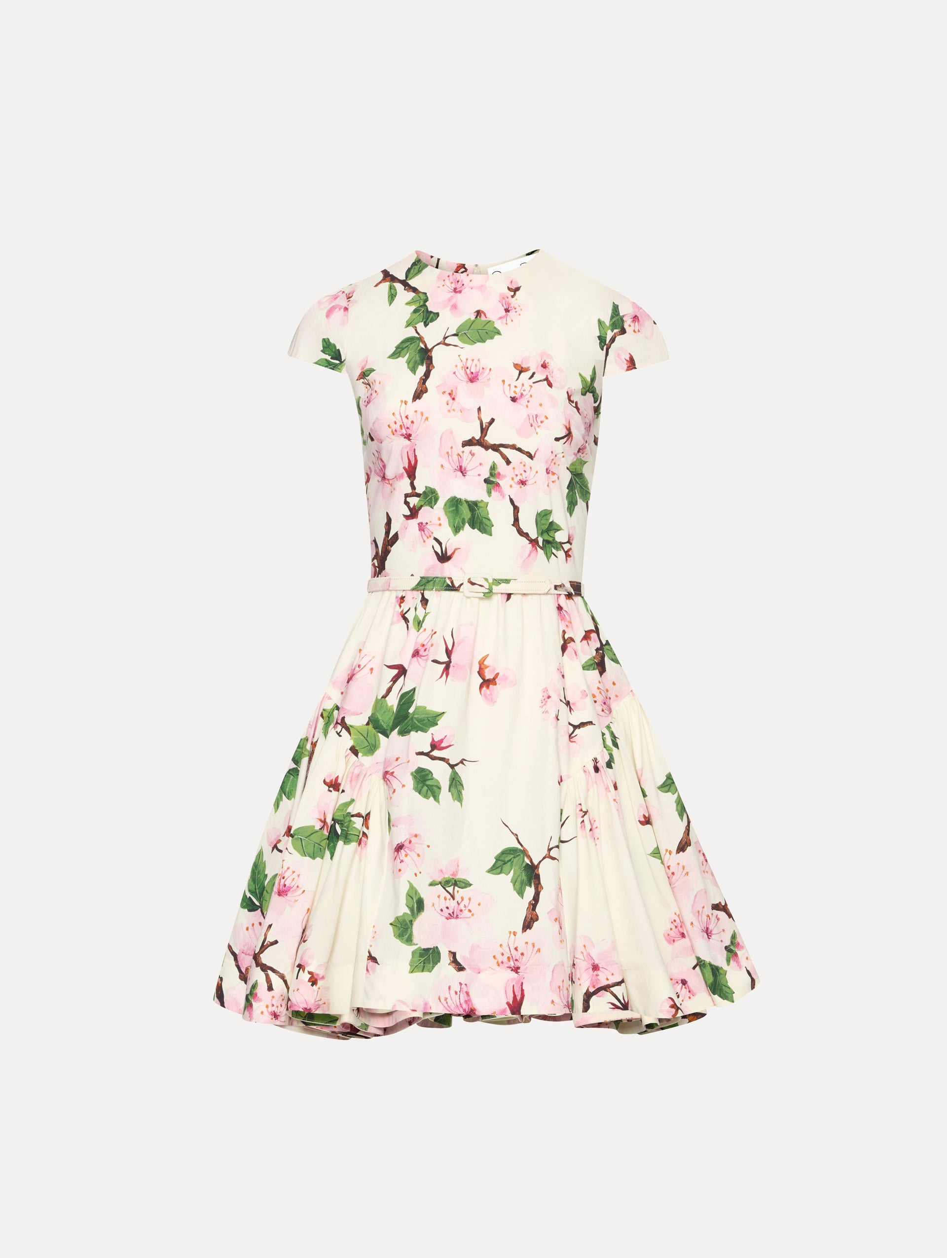 Cherry Blossom Floral Cotton Poplin Mini Dress - Women's Spring Summer Casual Short Sleeve A-Line Dress for Garden Party, Date Night & Vacation