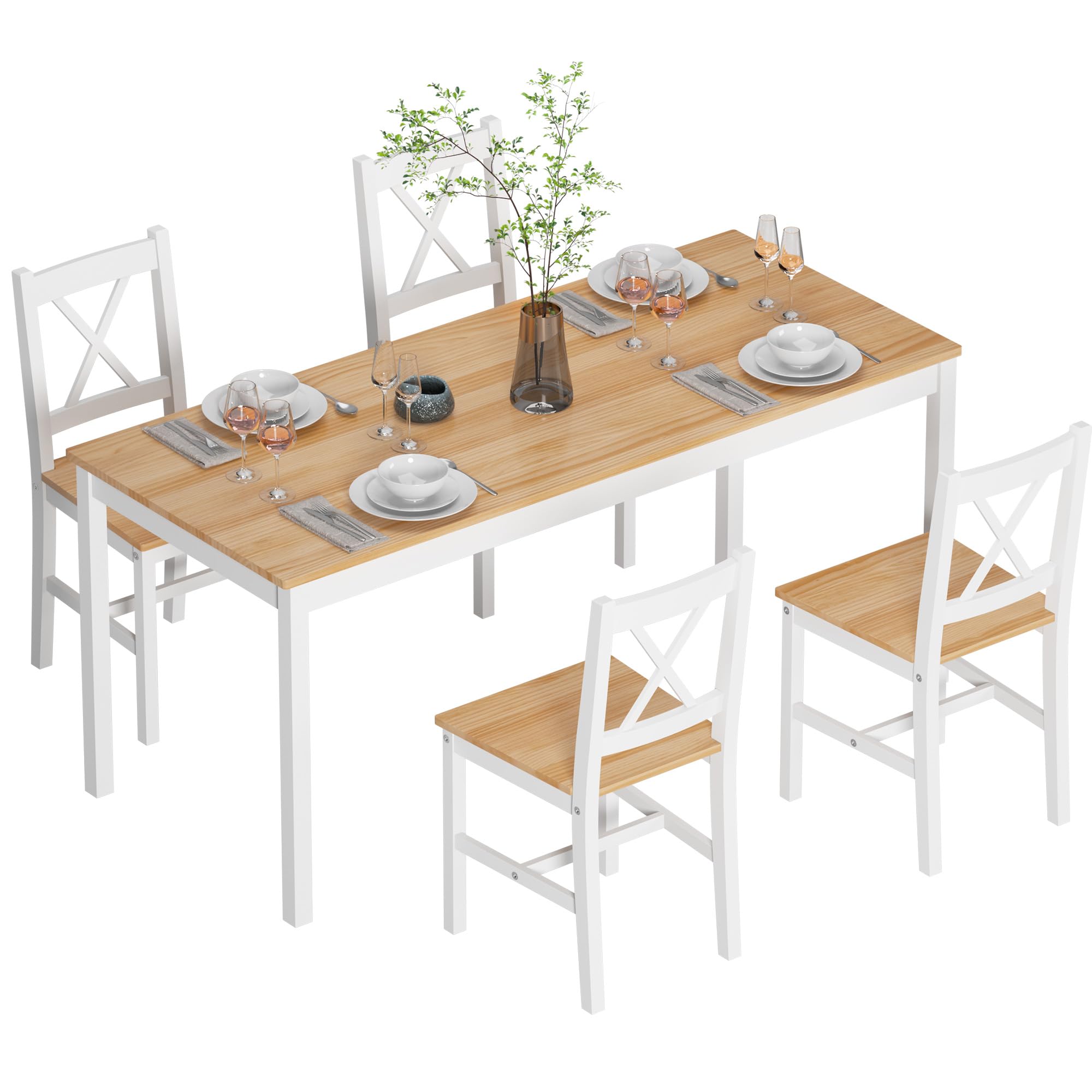 Soges 5-Piece White & Oak Dining Table Set - 47.2 Inch Pine Wood Rectangular Kitchen Table with 4 Chairs - Perfect for Small Kitchens, Dining Rooms, and Breakfast Nooks