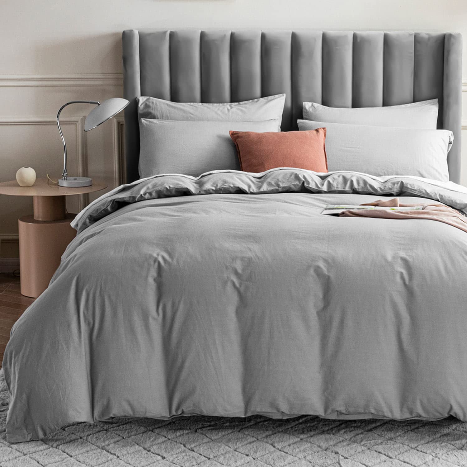 JELLYMONI 100% Washed Cotton Duvet Cover Set - 2 Piece Ultra Soft Light Grey Twin Size Bedding with Zipper Closure | Solid Color Breathable Duvet Cover for Cozy Bedroom & Guest Room (No Comforter Included)