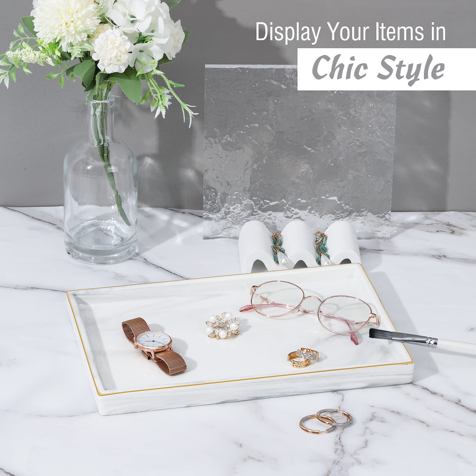 Shinowa Ceramic Vanity Tray - Marble Finish Rectangle Perfume & Jewelry Organizer for Bathroom Countertop, Dresser, Living Room & Kitchen - Large White Decorative Tray (Perfect for Organizing Fragrances, Cosmetics & Accessories)