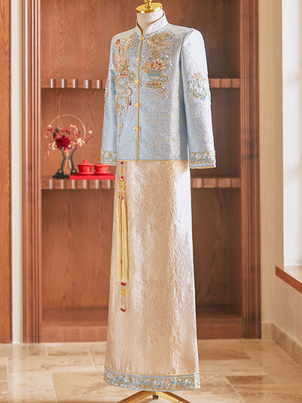 Exquisite Jacquard Beaded Men's Traditional Chinese Wedding Qun Kwa Jacket & Skirt Set - Perfect for Asian Ceremonies, Cultural Events & Photoshoots
