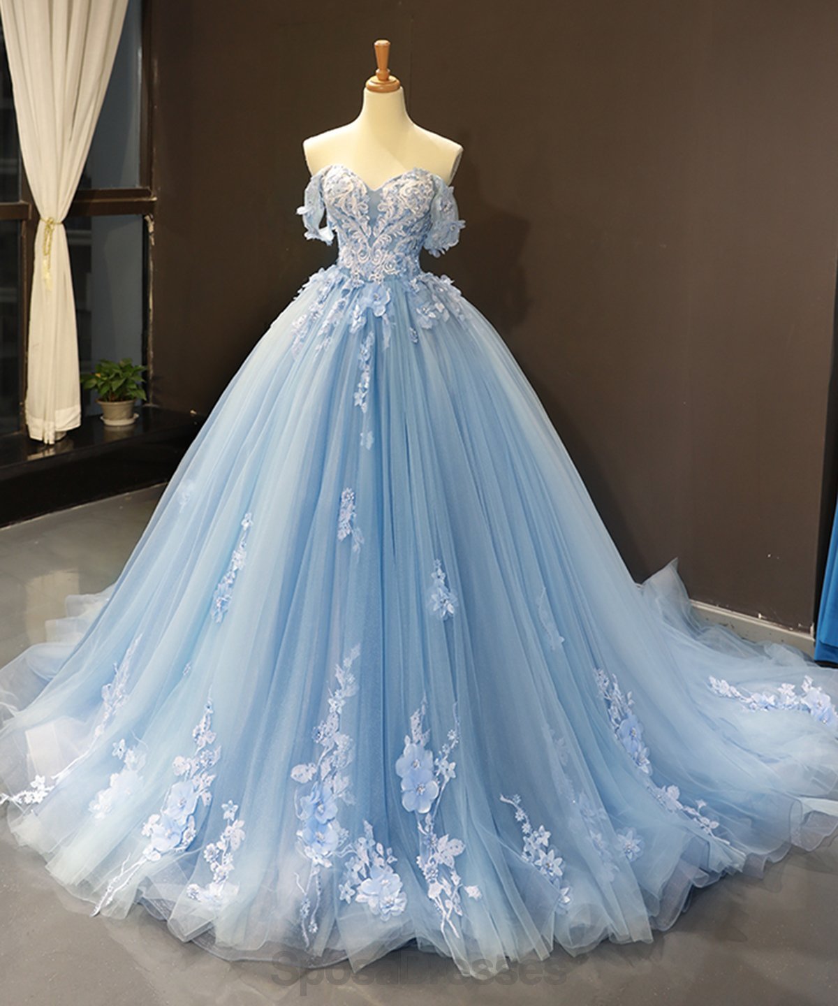 Elegant Off Shoulder Blue Handmade Floral Long Evening Prom Dress for Women - Perfect for Formal Dances, Galas & Special Occasions