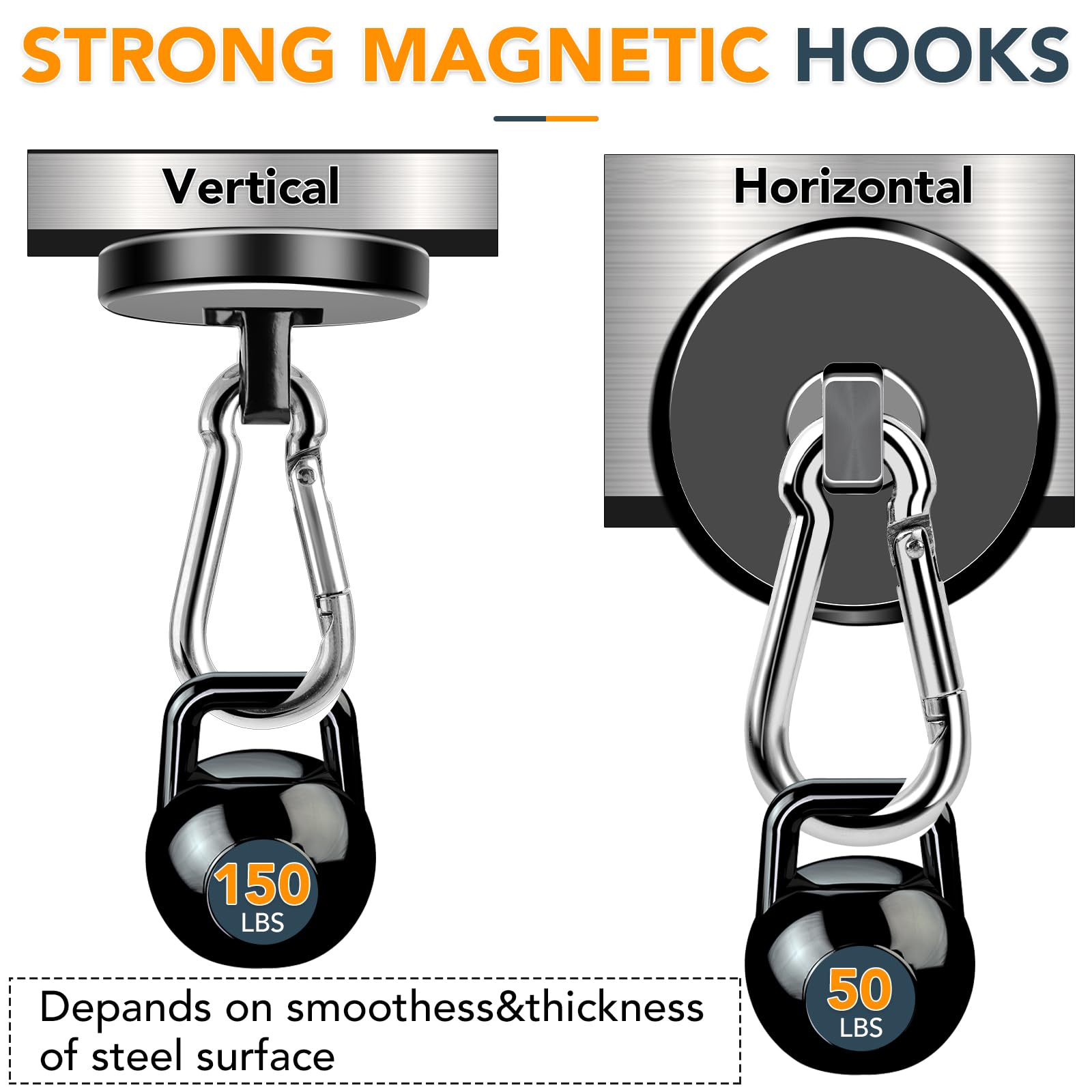 MIKEDE Heavy Duty Magnetic Hooks - 150LB Strong Neodymium Swivel Magnets with Carabiner Hooks (6 Pack) | Powerful Black Magnet Hooks for Hanging Curtains, Organizing Home & Workplace, Cruise Ship Use | Ideal for Storage, Decor & Industrial Applications