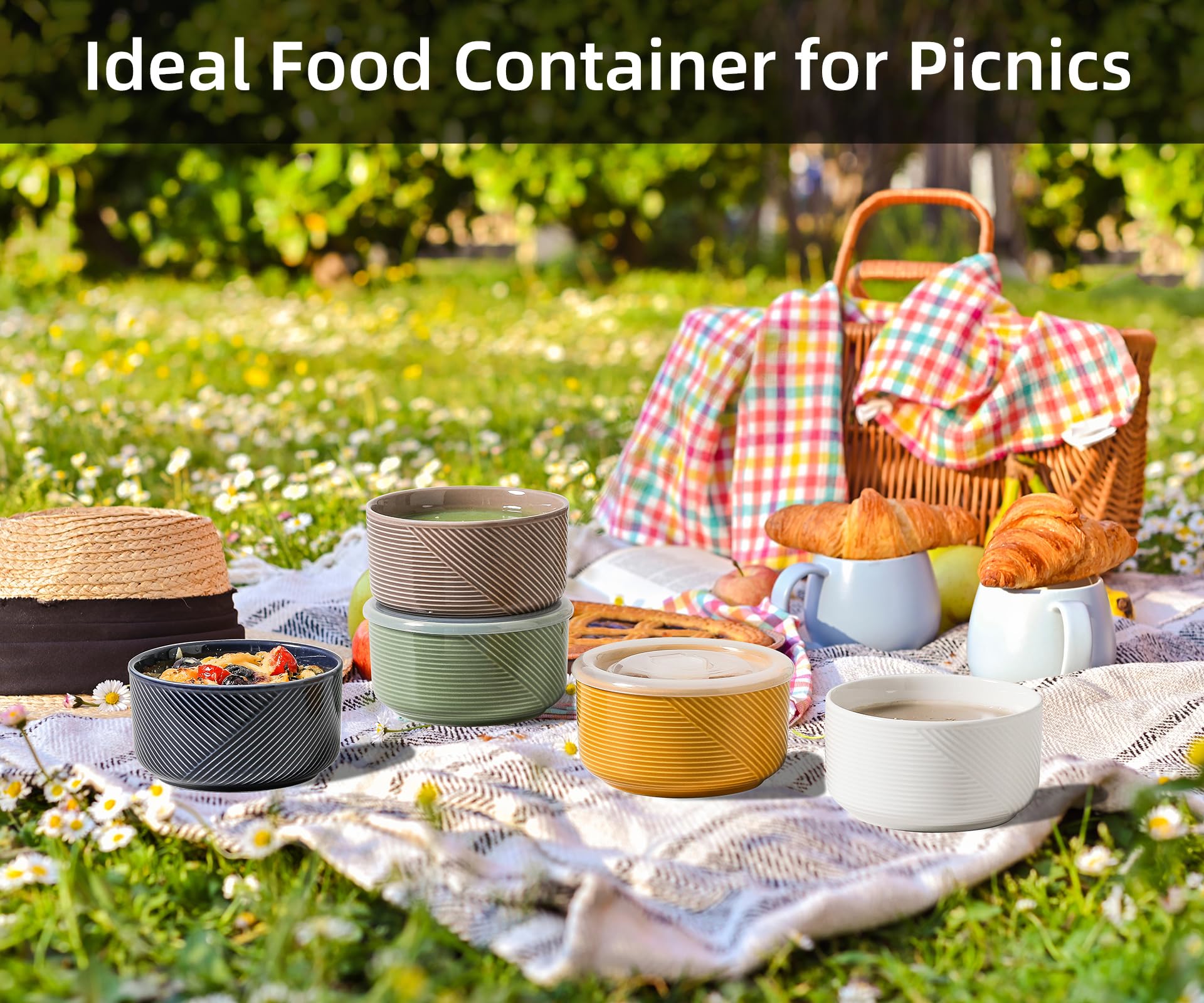20oz Ceramic Bowl with Lid - Microwave Safe Food Storage for Soup, Salad & Meal Prep - Picnic & Camping Use
