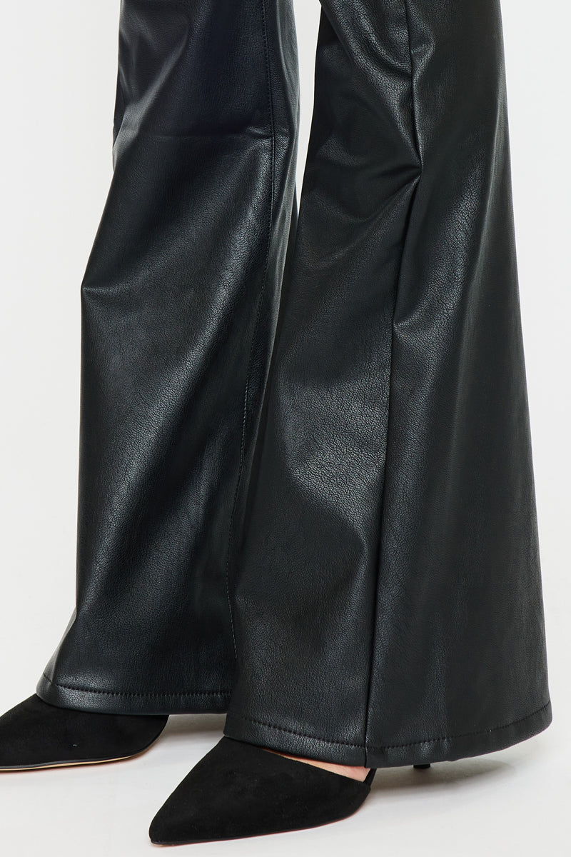 Kiwi Women's Mid Rise Faux Leather Flare Jeans - Stretchy Vegan Leather Pants for Casual Wear & Night Out