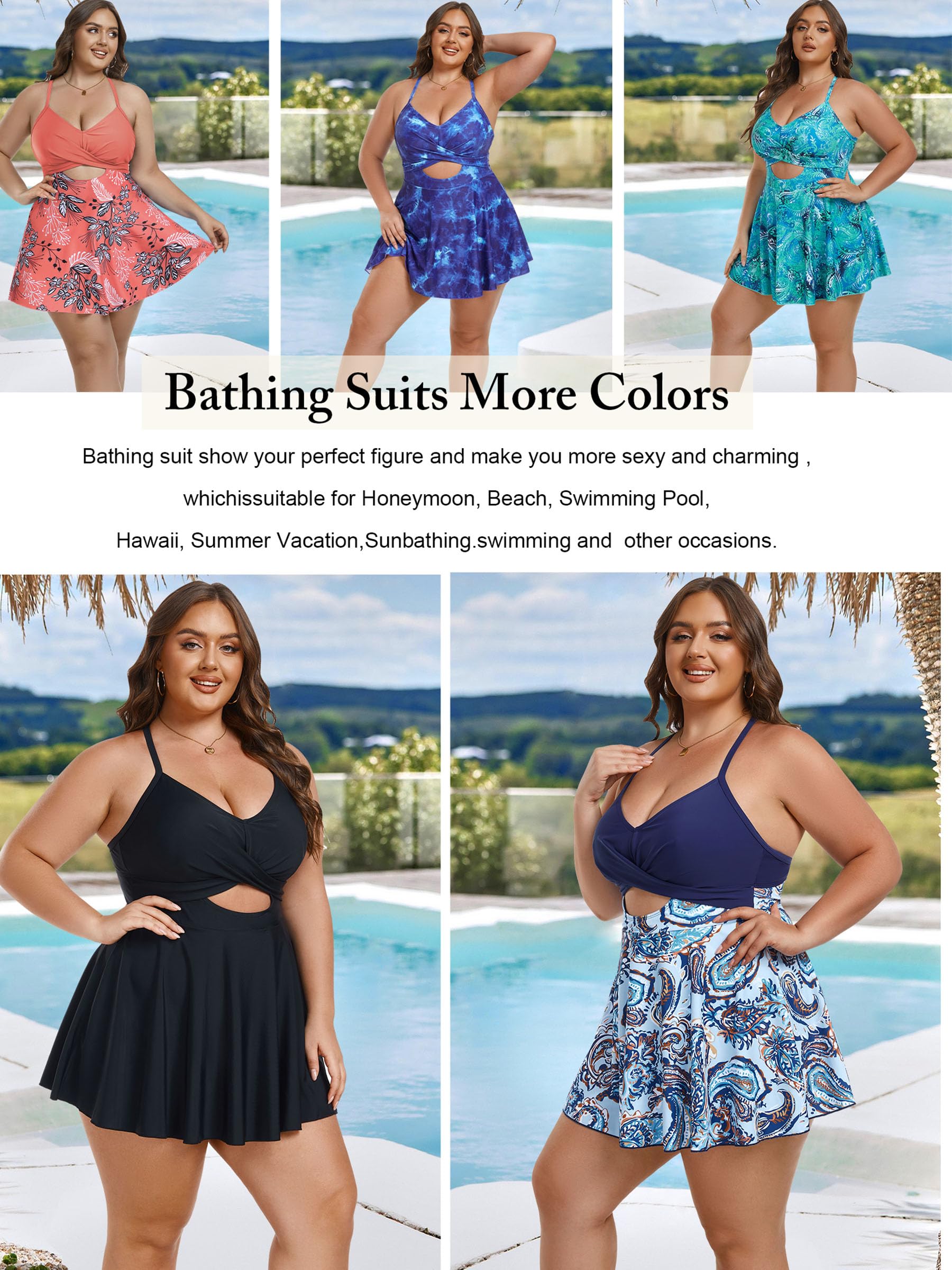 AOVDE Plus Size Women's Swimsuits 2-Piece Tankini Swim Dress with Shorts - Flowy Bathing Suit for Beach, Pool & Vacation