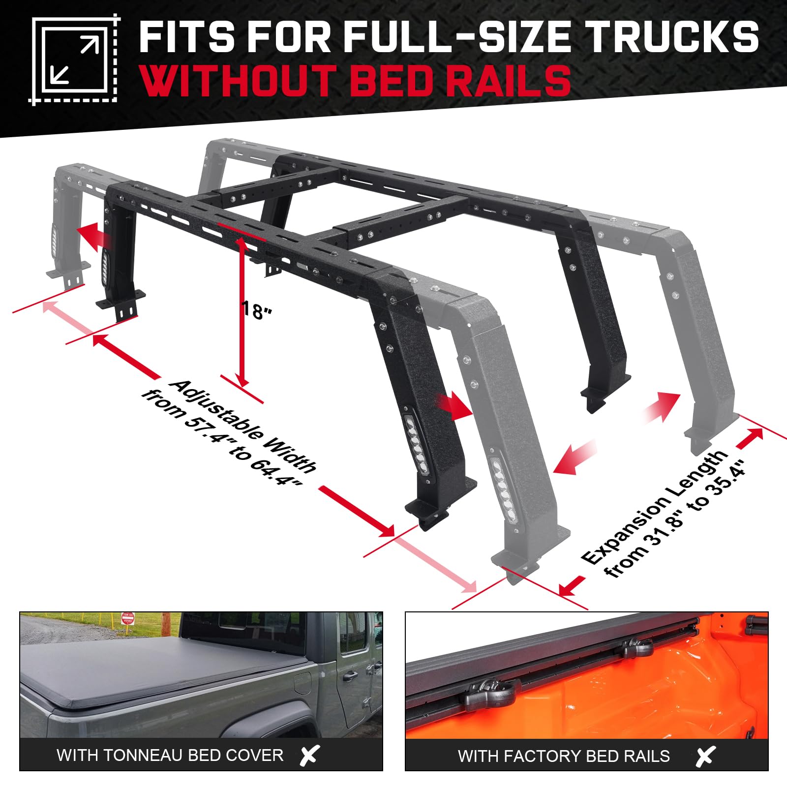 Adjustable Truck Bed Rack with LED Lights - Heavy Duty Overland Roof Rack Compatible with Ford F150, Toyota Tundra, Dodge Ram, Chevy Silverado & Nissan Titan | Ladder Rack for Pickups Without Factory Bed Rails or Tonneau Covers | Perfect for Camping, Off-Roading & Cargo Transport