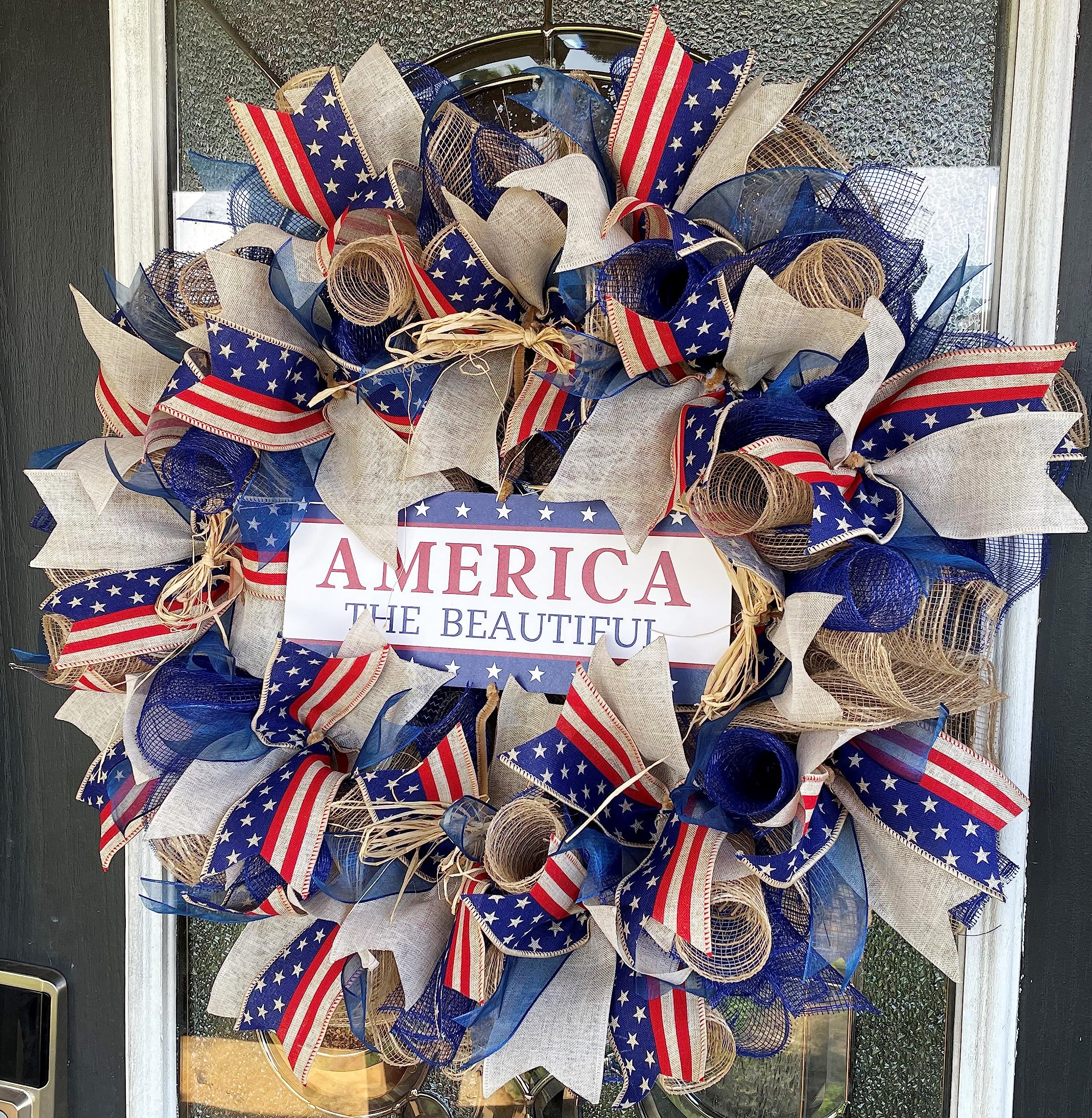 Rustic Farmhouse Patriotic 4th of July Deco Mesh Wreath - American Flag Front Door Decor for Independence Day, Cowboy Birthday & Western Theme - Perfect for Porch, Patio & Country Home Decorations