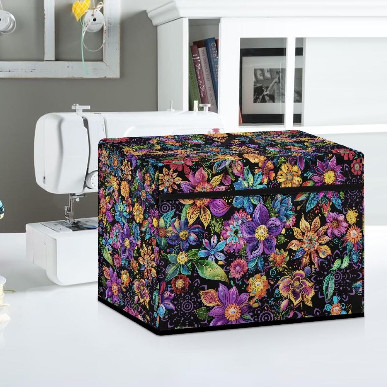 Bohemian Floral Sewing Machine Cover with Storage Pockets - Dustproof Protective Case for Brother, Singer & Janome - Washable Fabric for Easy Cleaning - Perfect for Home Studios & Craft Rooms