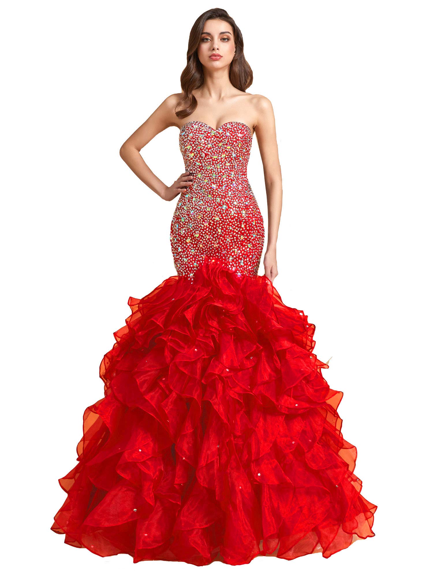 Elegant Mermaid Evening Gown with Beaded Sweetheart Corset & Ruffles for Prom, Formal Dances & Special Occasions | Long Sleeve Crystal Embellished Party Dress