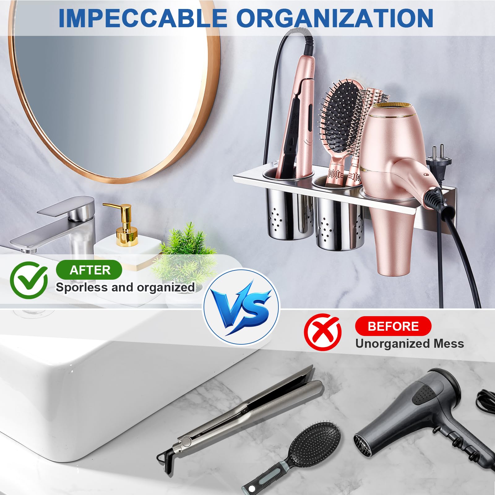 Wall Mount Hair Tool Organizer - Stainless Steel Hair Dryer & Curling Iron Holder with 2 Storage Cups | Bathroom Vanity Organizer for Blow Dryer, Flat Iron & Brushes | Perfect for Salon-Style Home Bathroom Organization