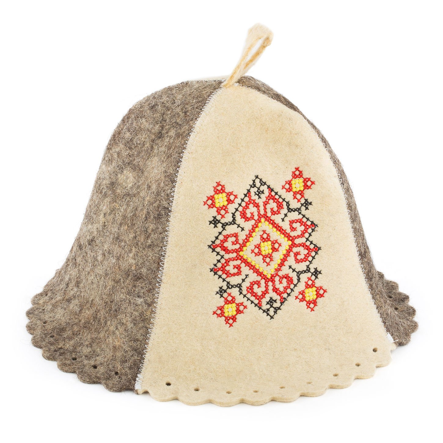 Ukrainian Embroidered Wool Sauna Hat - Red Traditional Design for Steam Room & Spa Relaxation