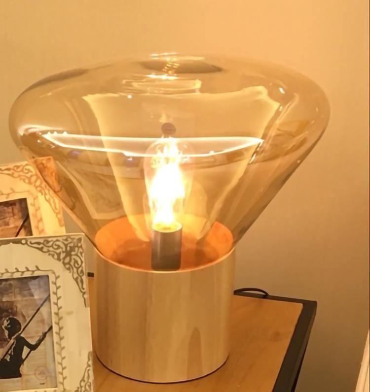 Modern Wood Table Lamp - Handcrafted Solid Oak Nightstand Lamp with Fabric Shade for Bedroom, Living Room & Office Decor - Warm Ambient Lighting for Cozy Home Atmosphere