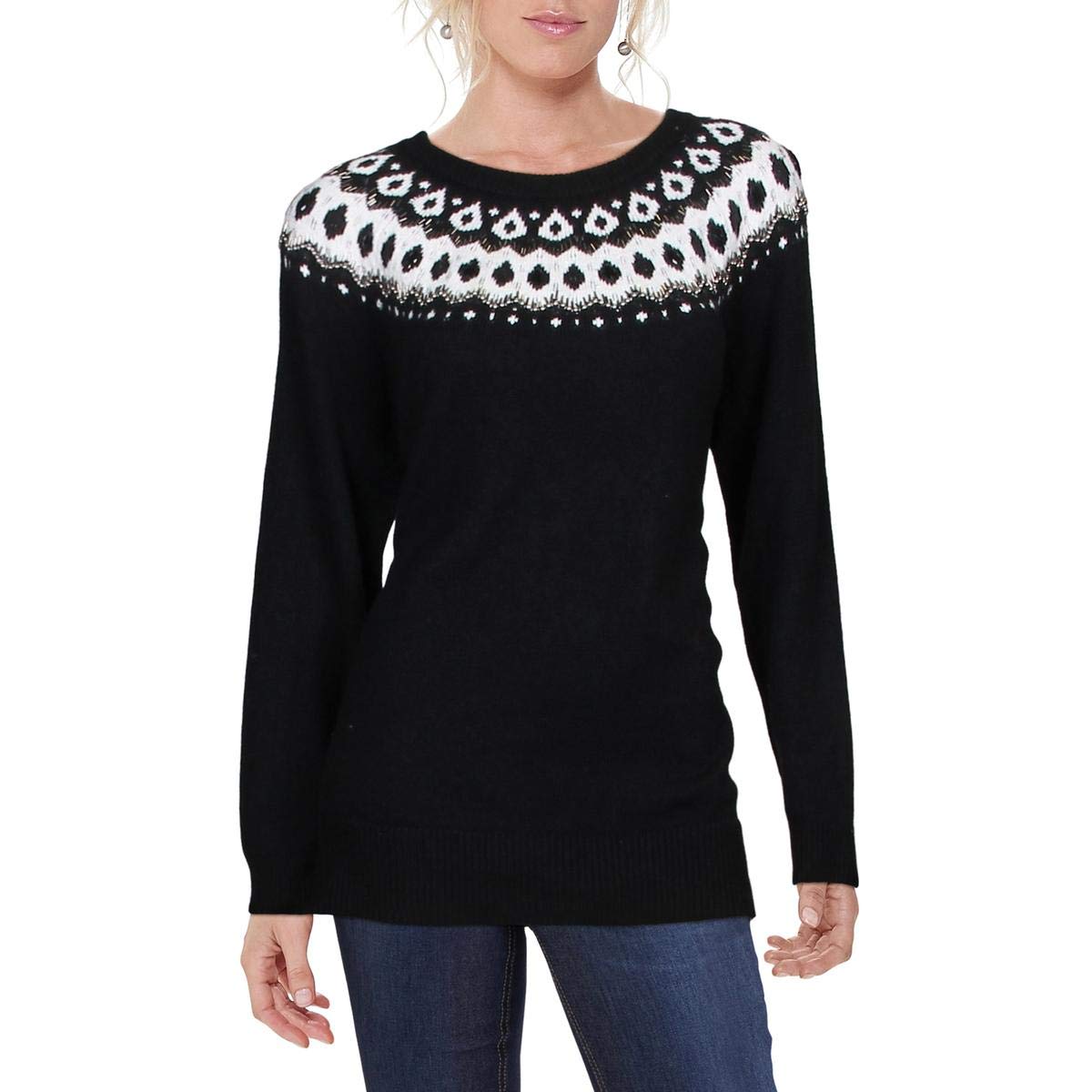 Vince Camuto Women's Embellished Jacquard Knit Sweater Long Sleeve Top for Fall Winter Fashion, Office Wear & Casual Outfits