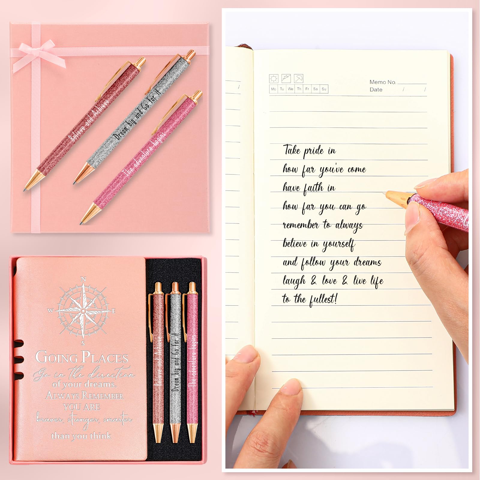 5-Piece Inspirational Journal and Pen Gift Set - Pink Leather Notebook with Ballpoint Pen, Graduation Gift for College, Senior & Middle School Students - Perfect for Graduation, Birthday, Teacher Appreciation & Motivational Gifts