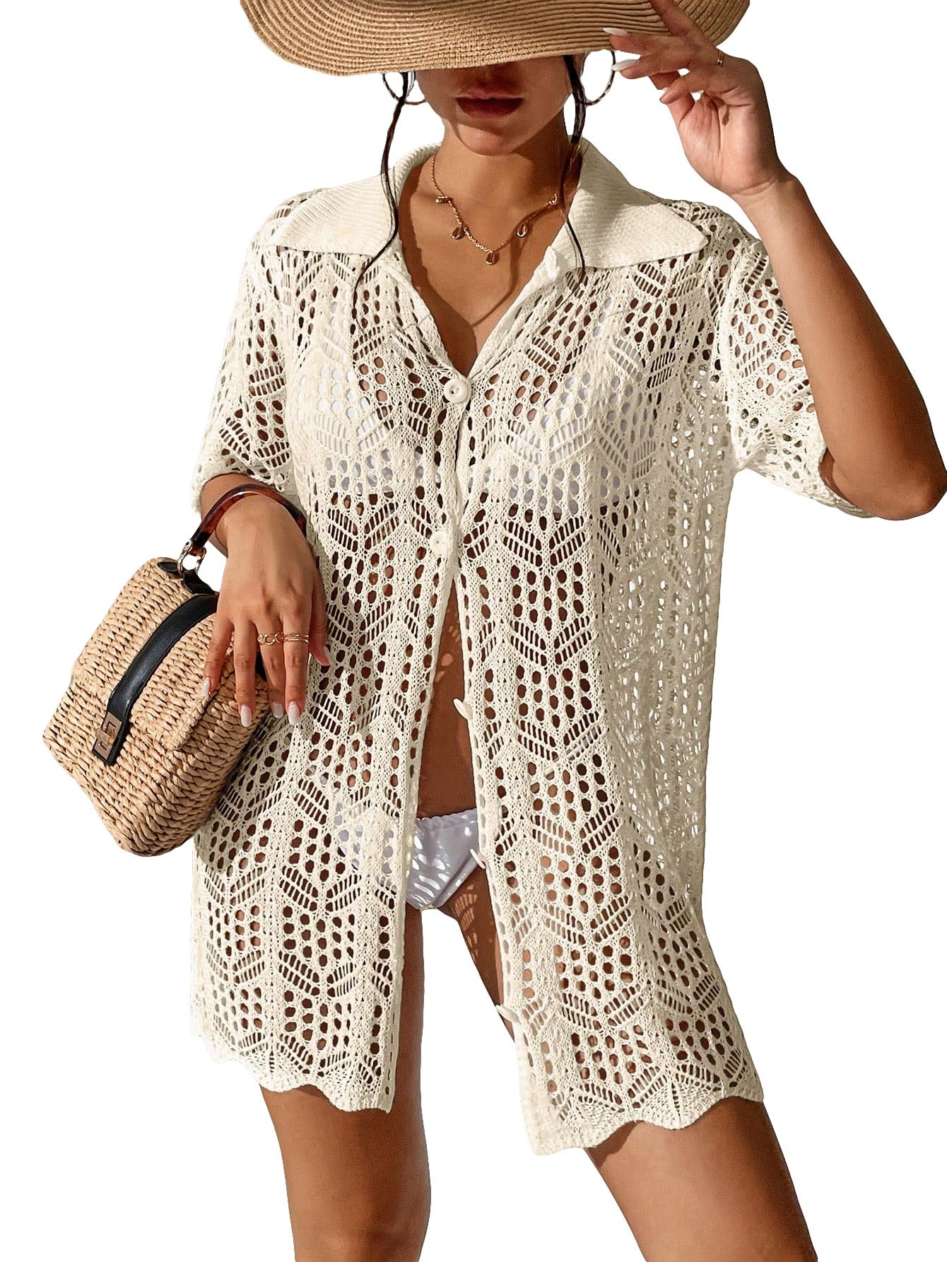 GORGLITTER Women's Crochet Swimsuit Cover Up Dress - Button Down Short Sleeve Beach Coverup for Vacation & Summer 2025 | Perfect for Poolside, Beach Outings & Resort Wear