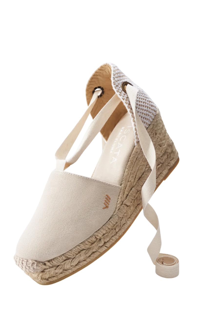 VISCATA Bisbe Women's Wedge Sandals - Handmade 3.5 Inch Heel, Breathable Cotton Canvas with Soft Lace-Up Ankle Ties, 100% Natural Jute Midsole - Perfect for Casual Outings, Beach Walks & Summer Fashion