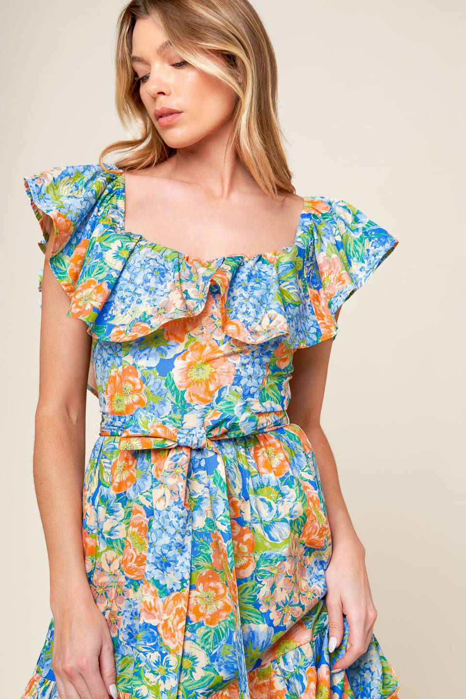 Elegant Coral & Powder Blue Maxi Dress for Women - Perfect for Garden Parties, Weddings & Summer Outings