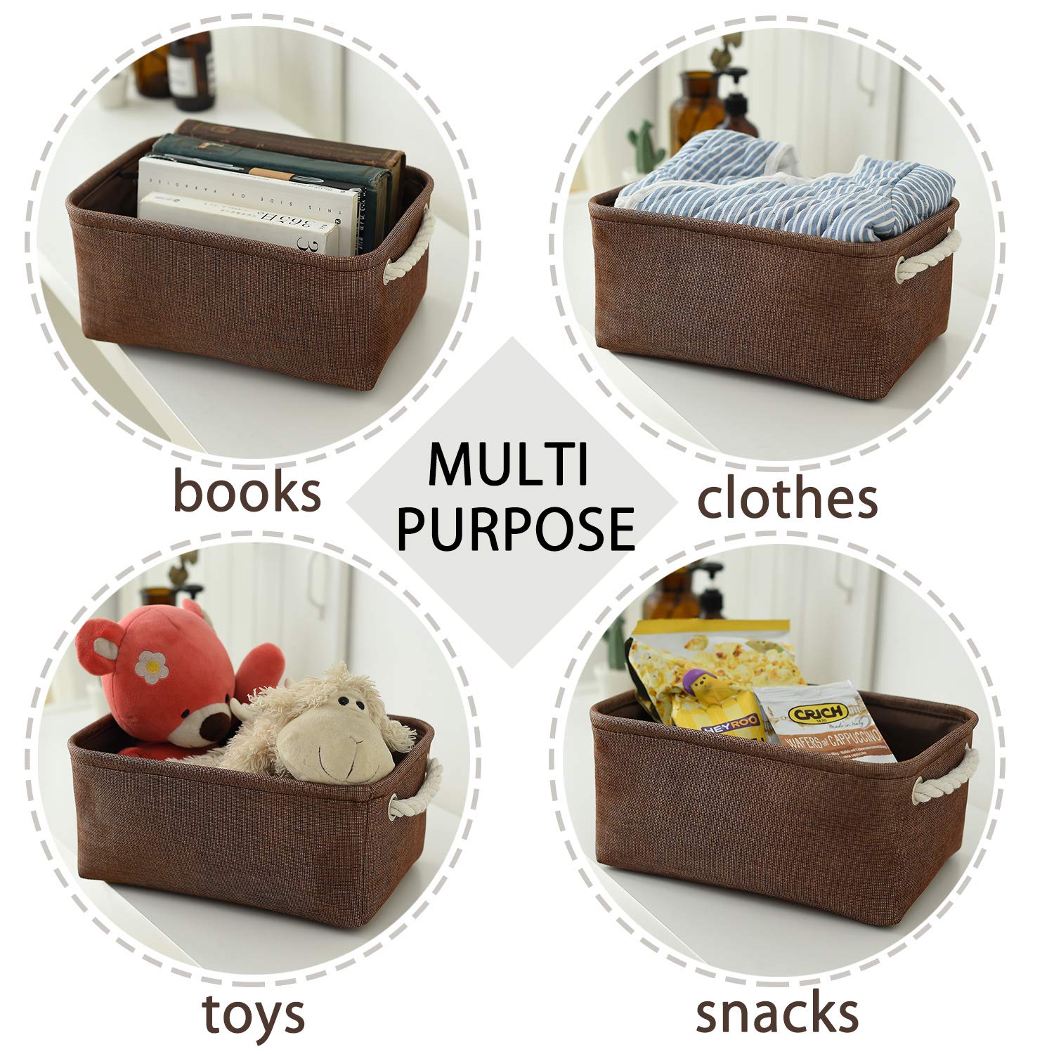 Small Foldable Fabric Storage Basket with Cotton Rope Handles - Dog Toy Organizer, Home Decor Gift Basket (11.8×7.9×5.2 inches, Brown) - Perfect for Nursery, Bathroom & Closet Organization