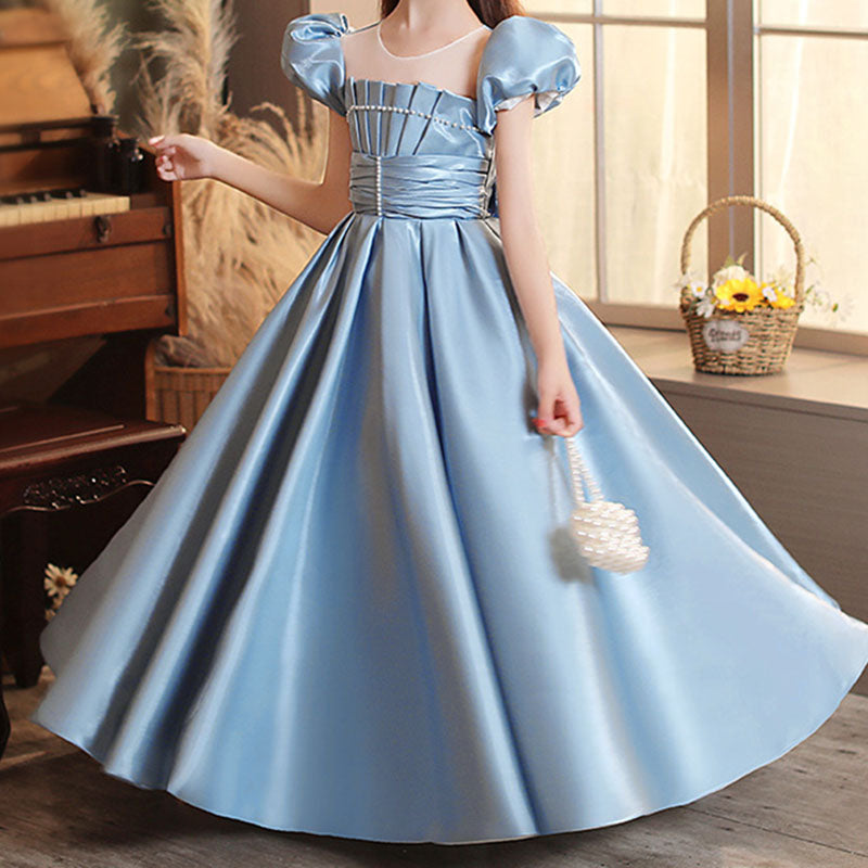 Blue Satin A-Line Flower Girl Dress with Ruffle Puff Sleeves - Perfect for Weddings, Baptisms & Special Occasions