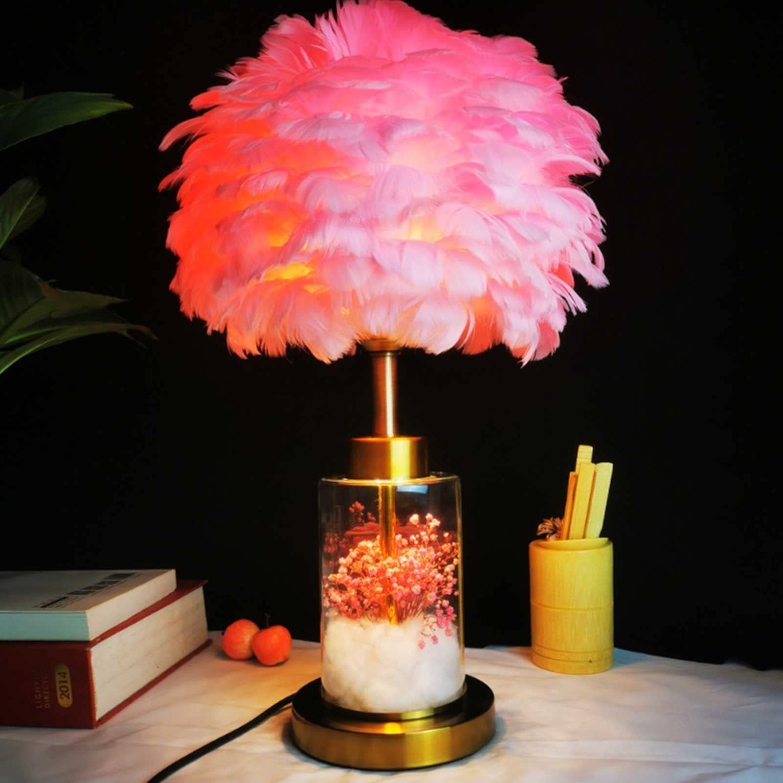 HZRU Feather Table Lamp - DIY Flower Decoration Light, Modern Romantic Bedside Lamp for Bedroom, Nightstand & Desk Lighting - Perfect for Cozy Bedroom Ambiance, Wedding Decor & Home Office