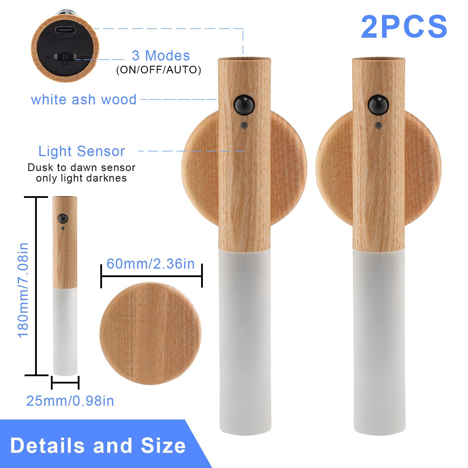 LANDGOO LED Motion Sensor Wall Lights - Set of 2 Rechargeable Battery Operated Sconces with 360° Rotation & Magnetic Base, Cordless Bedroom Lighting for Hallway, Closet, Staircase (White Ash Wood)