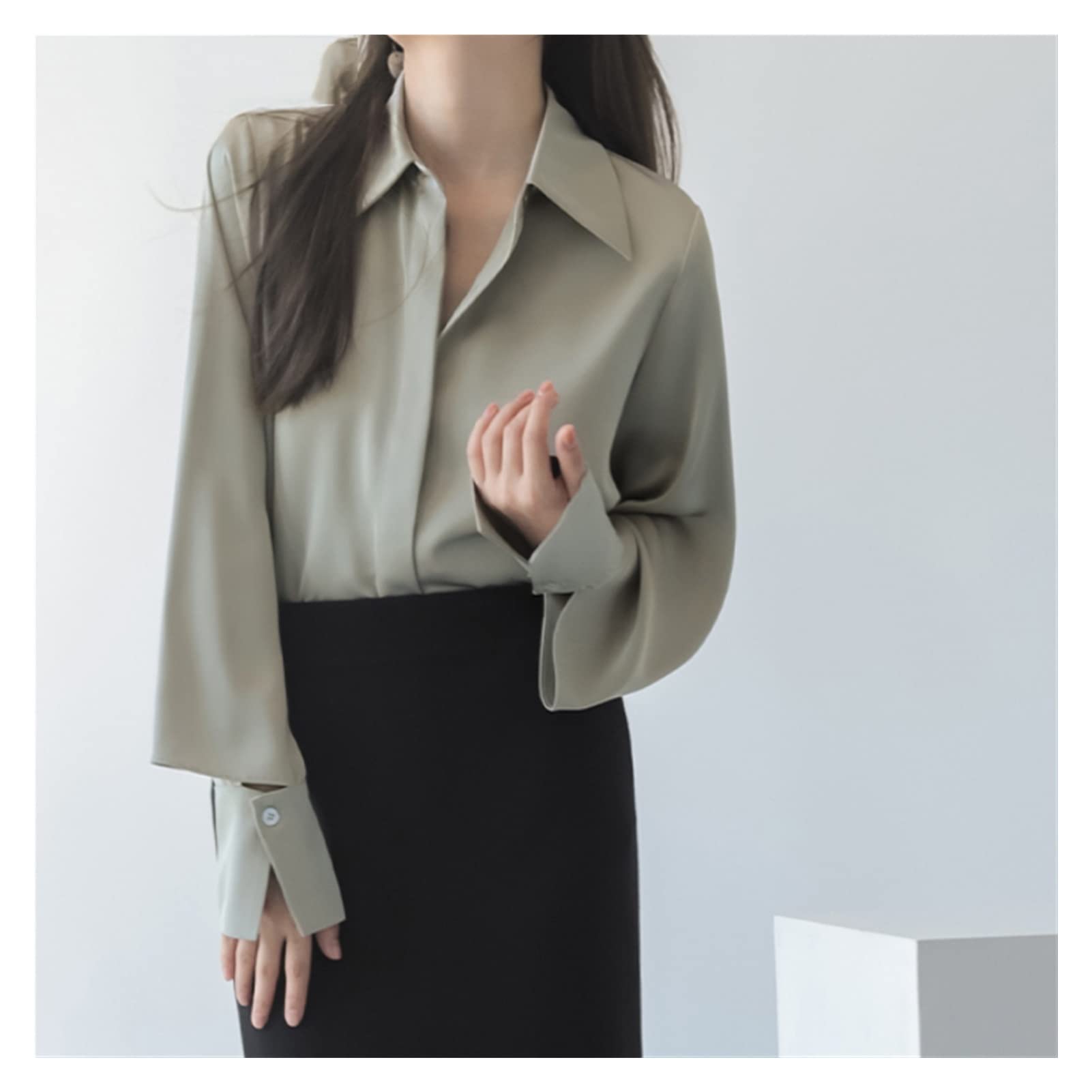 Elegant Lapel Women's Blouse - Long Sleeve Loose Fit Office Shirt for Spring & Summer | Single-Breasted Tops for Women | Green XXL | Perfect for Business Casual, Workwear & Professional Outfits