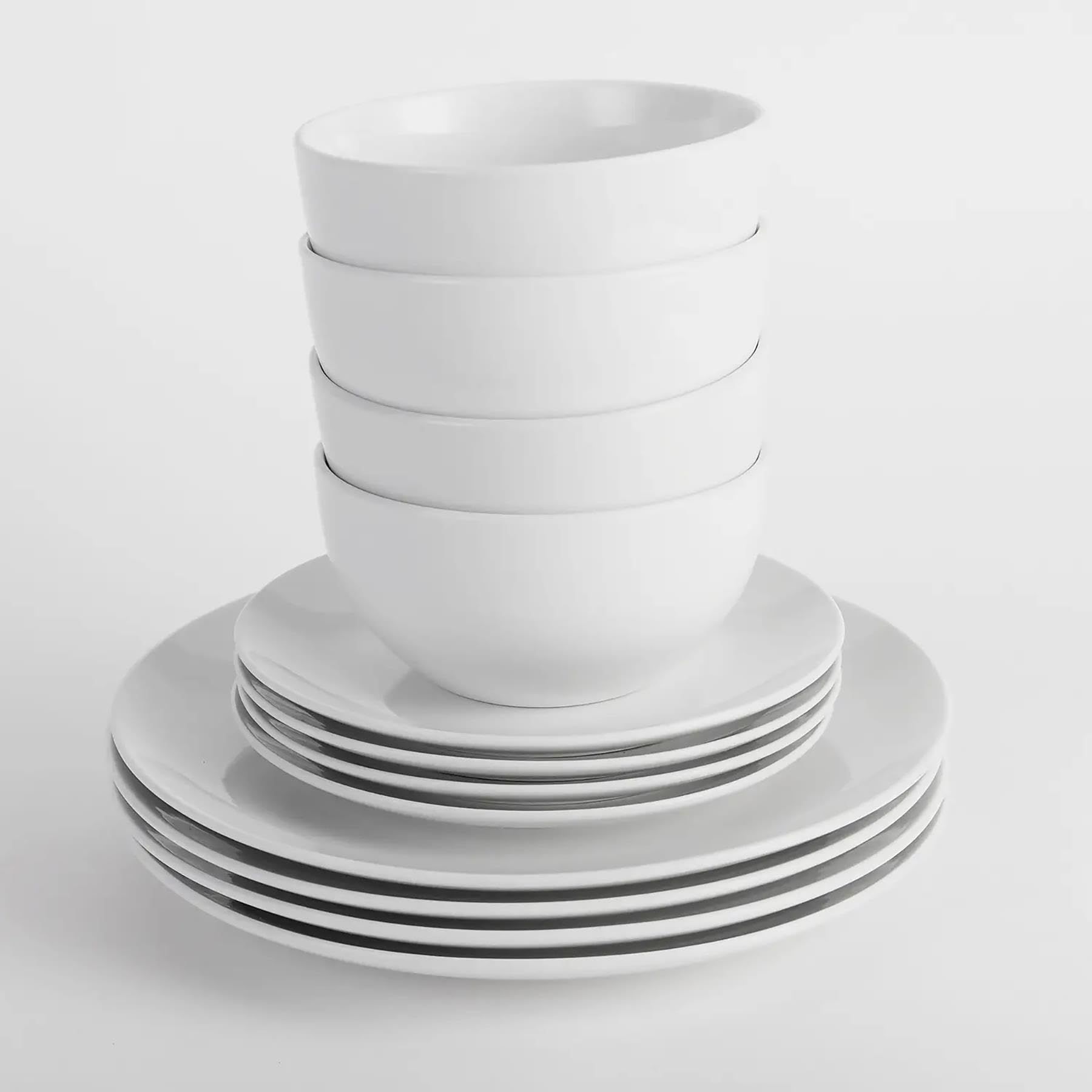 12-Piece Porcelain Dinnerware Set - 4 Dinner Plates, 4 Salad Plates & 4 Bowls - Dishwasher & Microwave Safe White Tableware for Everyday Dining & Entertaining