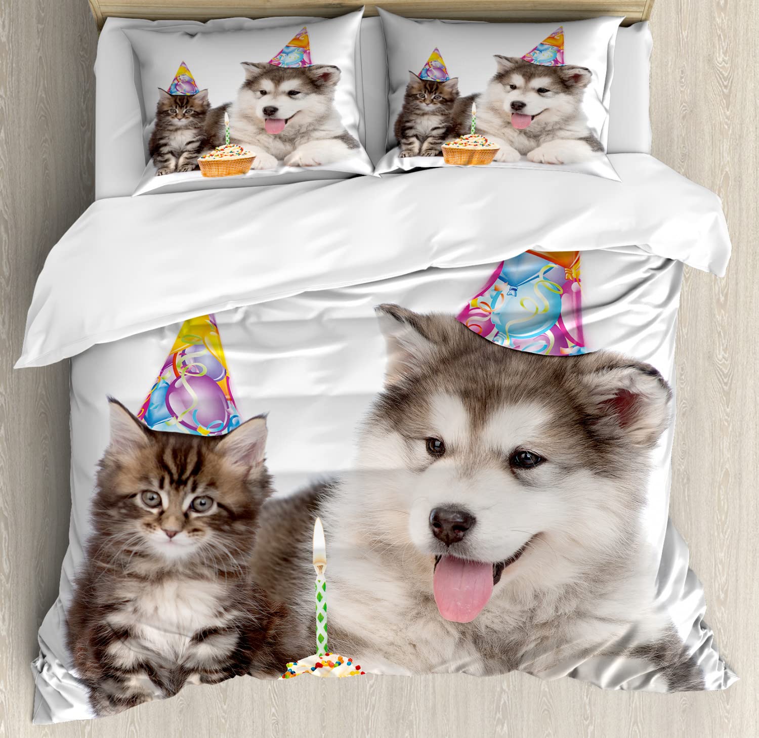 Ambesonne Birthday Duvet Cover Set - Dog & Cat Pet Theme with Party Cones & Cupcake Print, 2-Pack Cal King Size Bedding (White & Brown) for Kids' Rooms, Guest Bedrooms & Pet Lovers' Homes