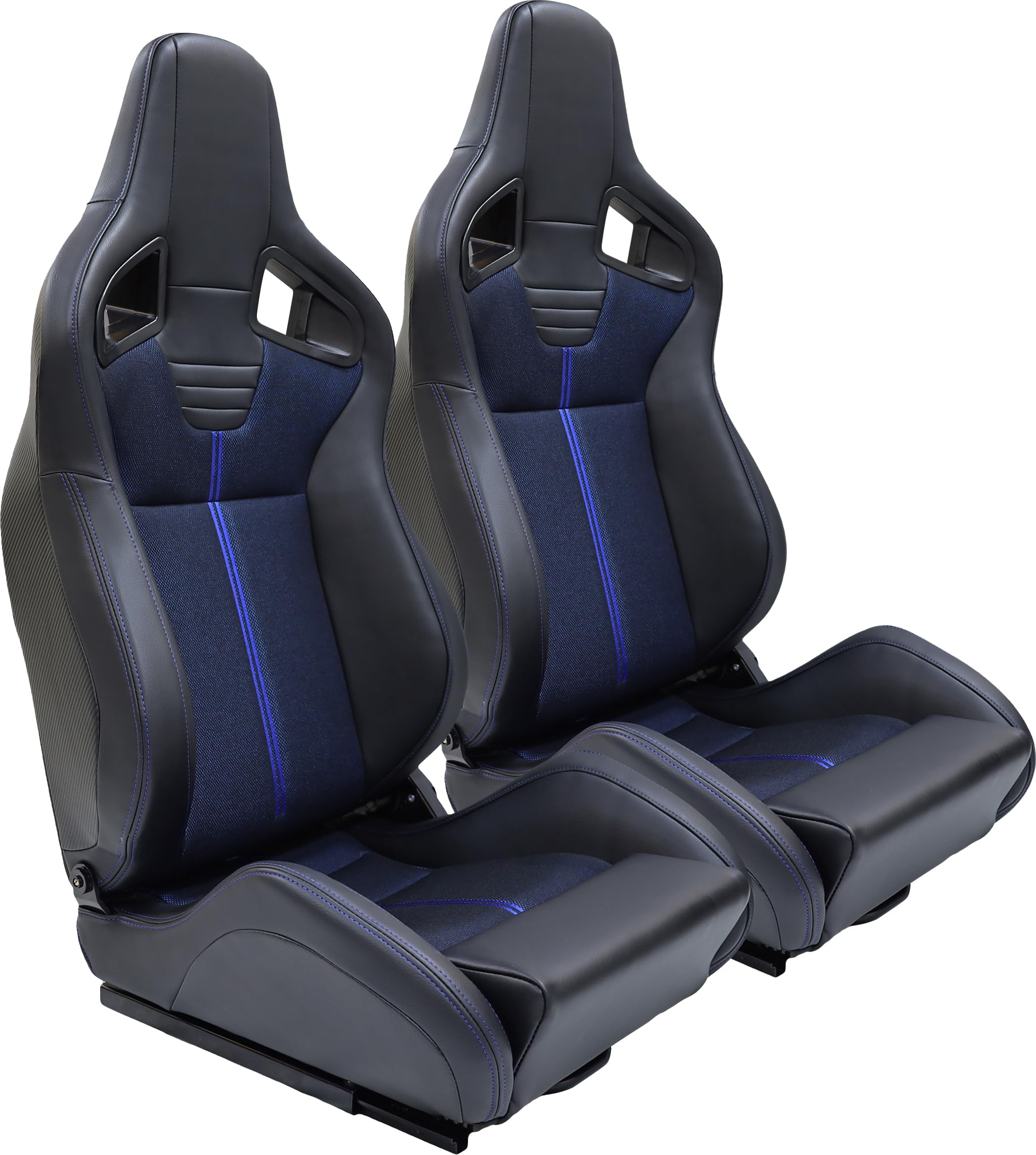 Universal V2 Series Racing Bucket Seats - Black PVC Leather & Blue Mesh Fabric, Reclinable with Double Slider (Seat Brackets Not Included) - Perfect for Sports Cars, Drifting & Track Racing