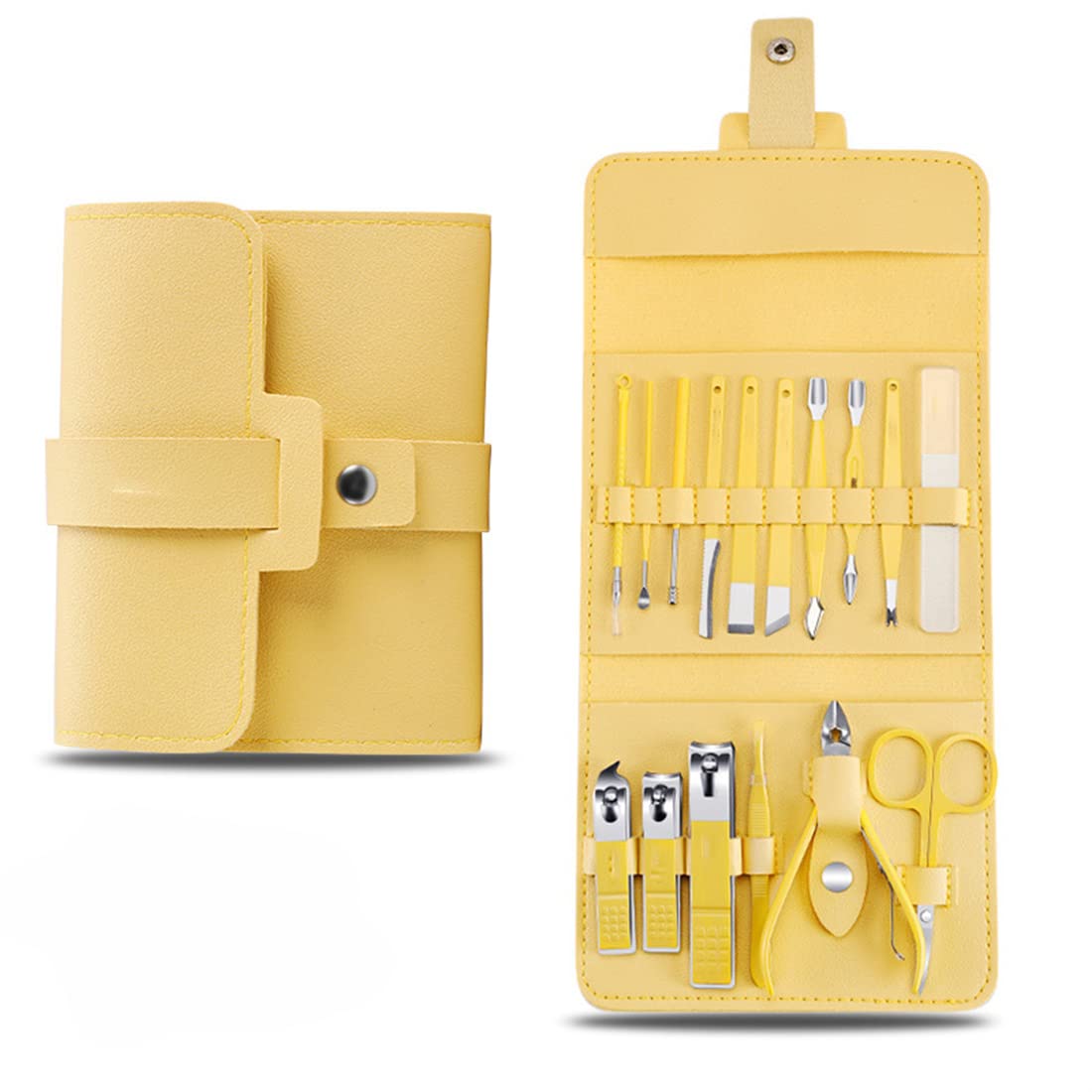16-Piece Professional Manicure & Pedicure Kit - Stainless Steel Nail Clippers, Cutters & Care Tools with Leather Case (Yellow) - Perfect for Home Salon, Travel & Gift Giving