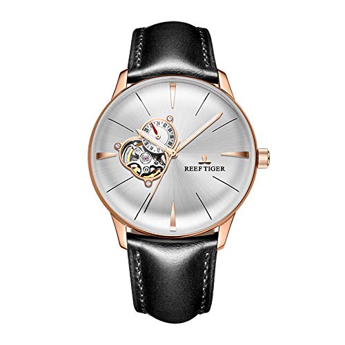 REEF TIGER Luxury Men's Rose Gold Tourbillon Automatic Dress Watch with Leather Strap RGA8239 - Perfect for Business, Formal Events & Special Occasions