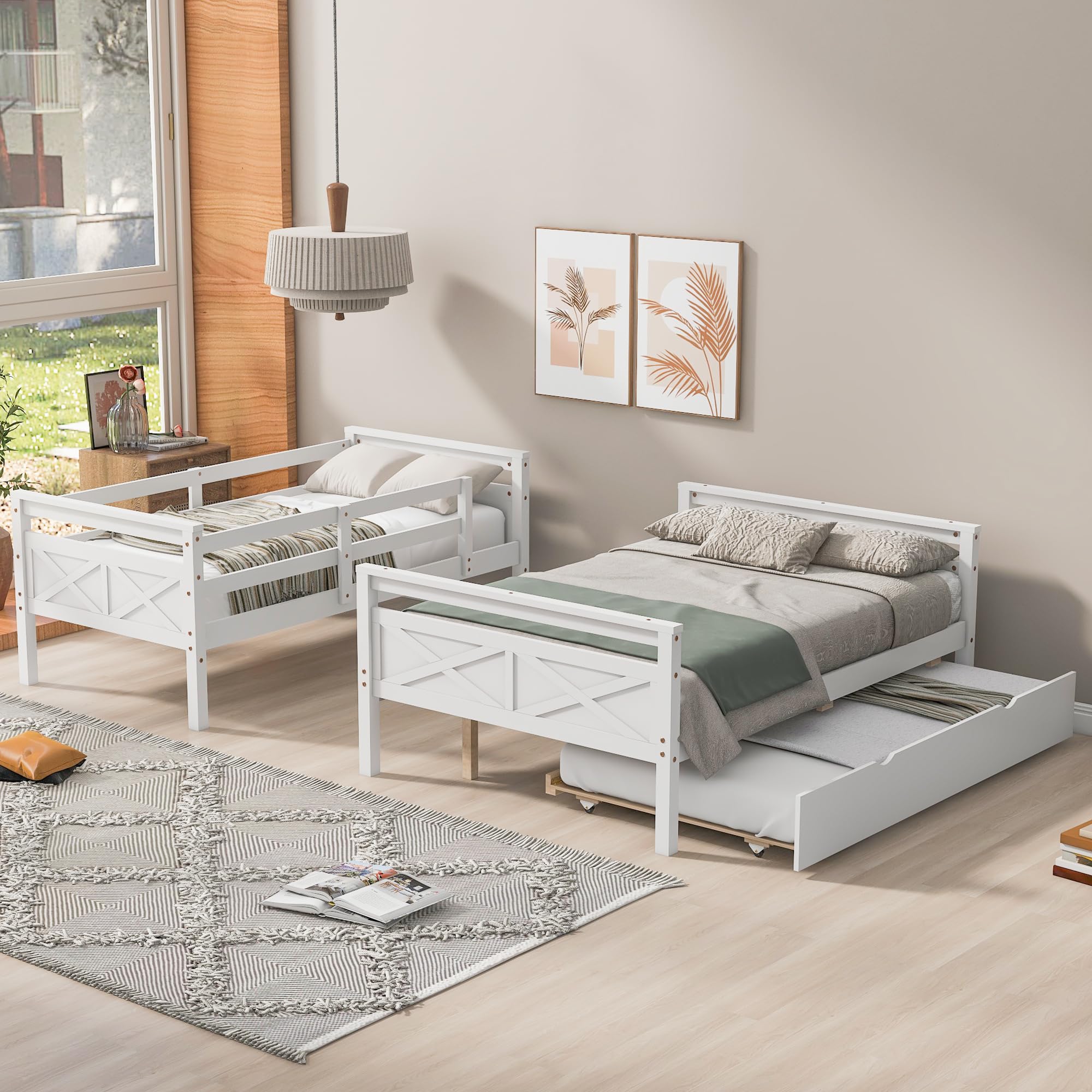 Merax Twin Over Full Wood Bunk Bed with Trundle - Solid Wood Frame, Guardrail & Ladder - White - Space-Saving Kids Bedroom Furniture for Sleepovers & Small Rooms