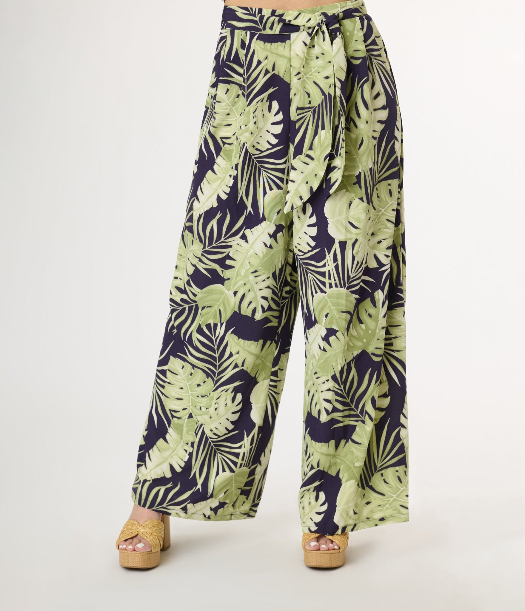 Navy & Green Tropical Print Belted Wide Leg Pants for Women - Comfortable High Waisted Palazzo Pants for Summer Vacation, Beach Outfits, and Casual Wear