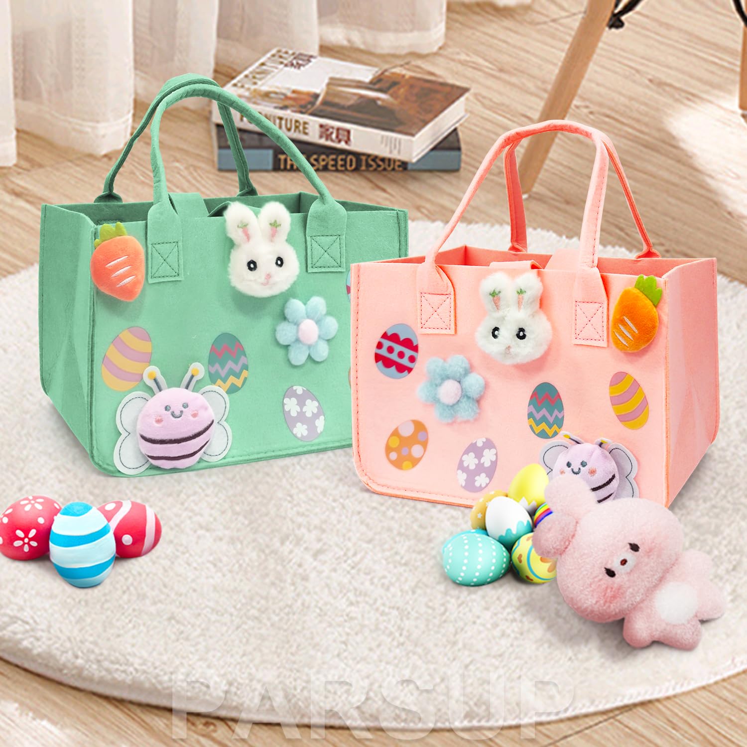 PARSUP 2PCS Easter Egg Hunt Bags with Handles - Happy Easter Bunny Gift Bags for Treats, Felt Easter Party Supplies for Egg Hunt Games & Gift Wrapping, 12