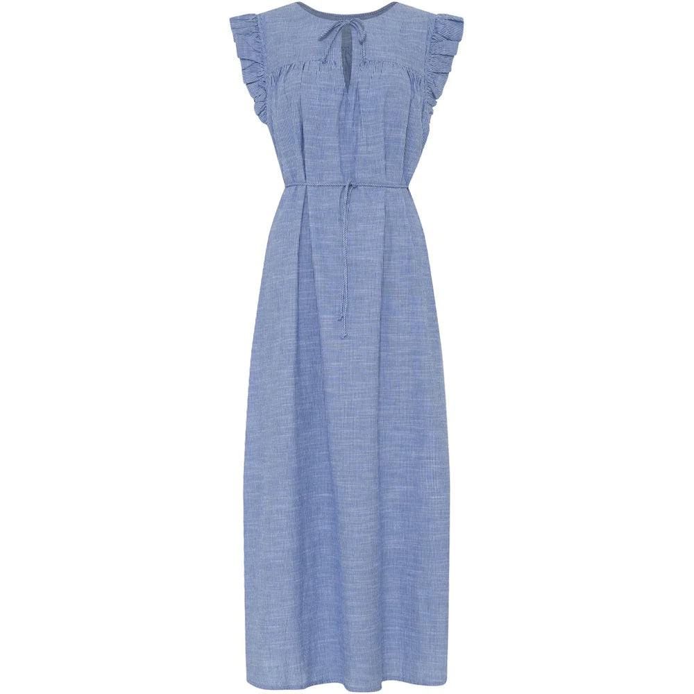 Stockholm Dress - Medium Blue Stripe Women's Summer Casual Midi Dress for Beach, Vacation & Everyday Wear