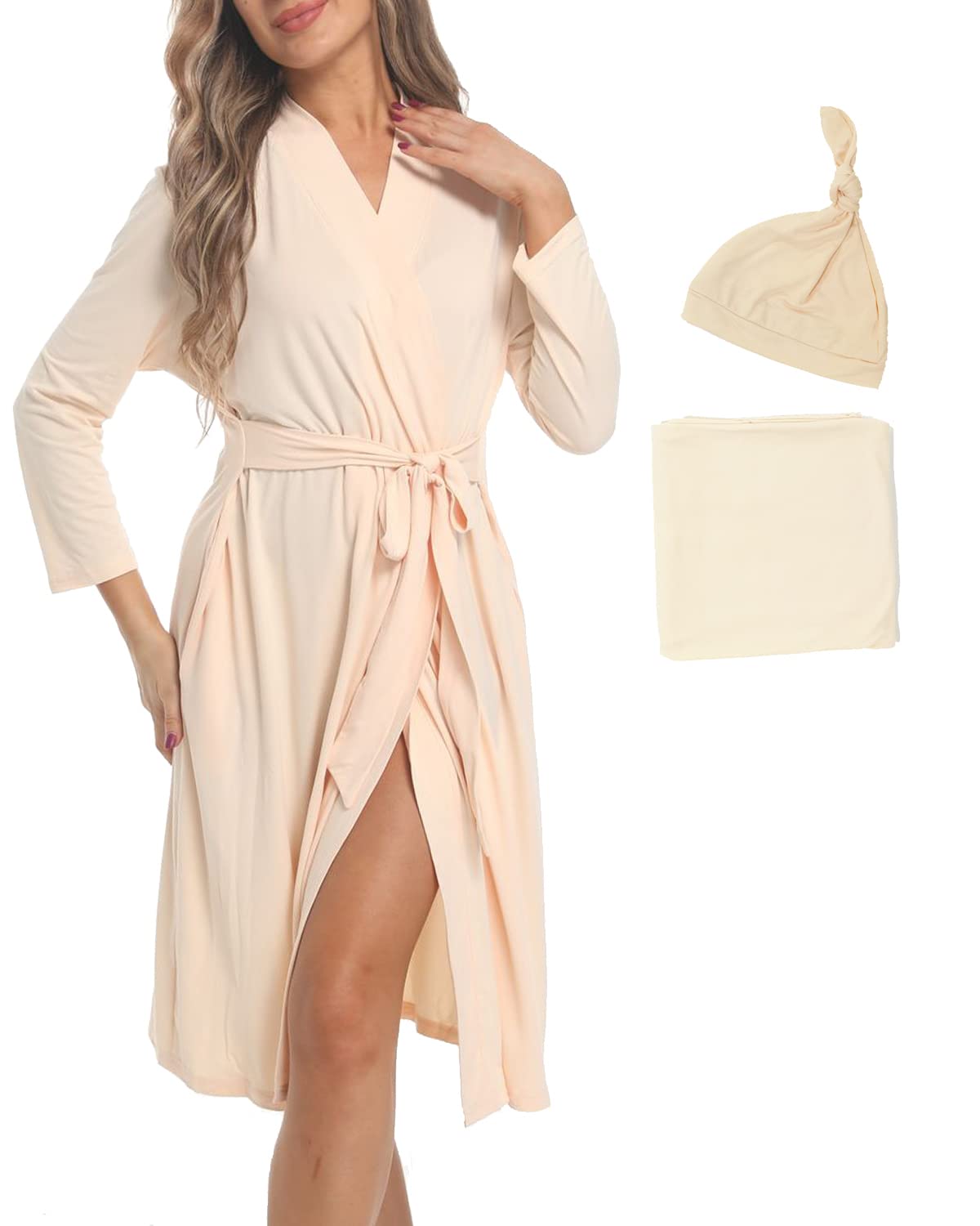 SUFEINI Maternity Robe with Matching Swaddle Blanket Set - Soft Postpartum Nursing Robe & Baby Swaddle - Comfortable Breastfeeding Sleepwear for New Moms (Perfect for Hospital, Nursing & Relaxing at Home)