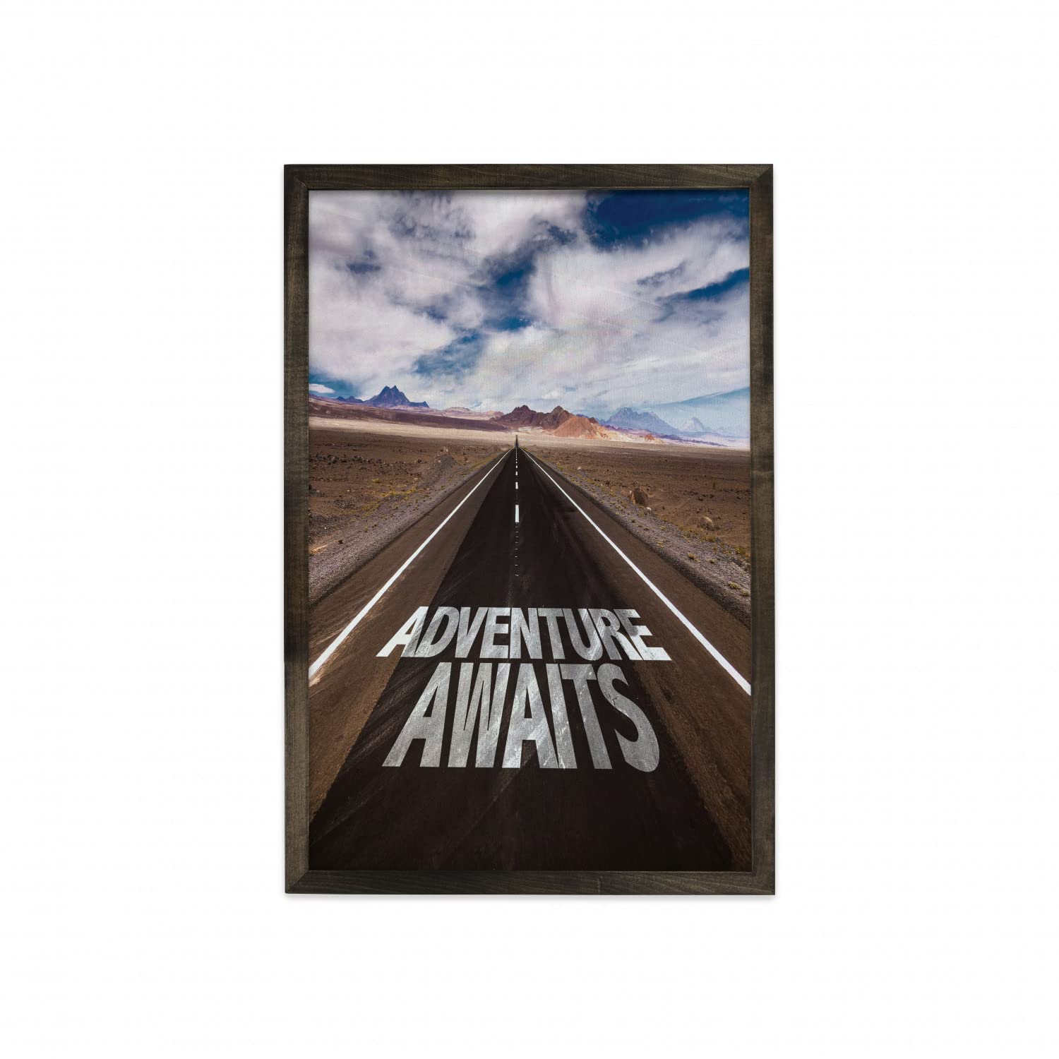 Ambesonne Framed Wall Art - 'Adventure Awaits' Typography on Asphalt Clouds & Sky Road Trip Theme, Carbonized Wood Frame Fabric Poster, 23x35 Inches, Brown Blue White - Perfect for Living Room, Bedroom & Office Decor