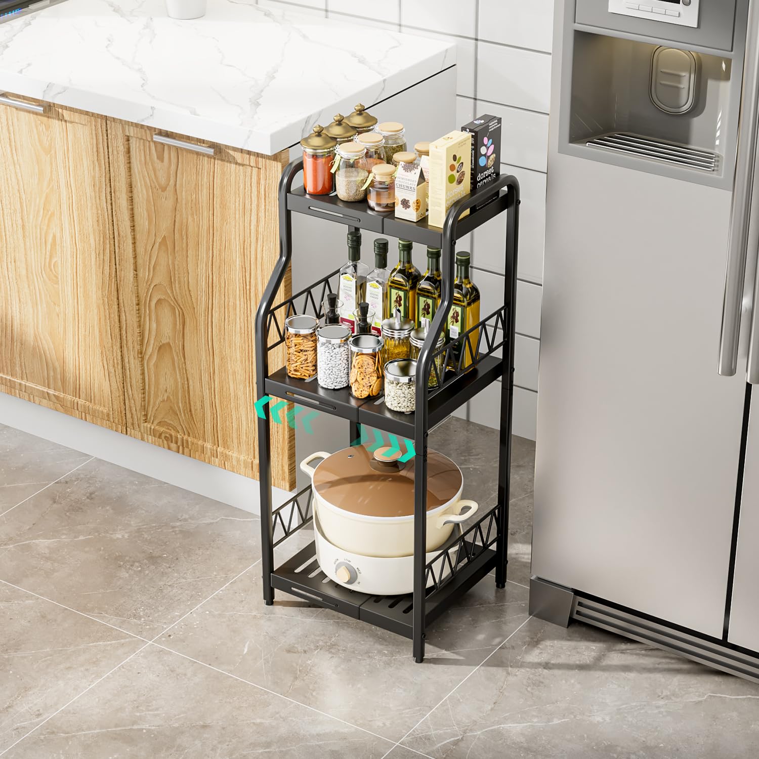 HapiRm 3-Tier Expandable Narrow Bathroom Shelf Organizer - Free Standing Metal Storage Rack for Bathroom, Kitchen & Laundry - Space Saving Slim Cabinet for Toiletries, Towels & Cleaning Supplies (Black) - Perfect for Small Spaces & Apartment Organization