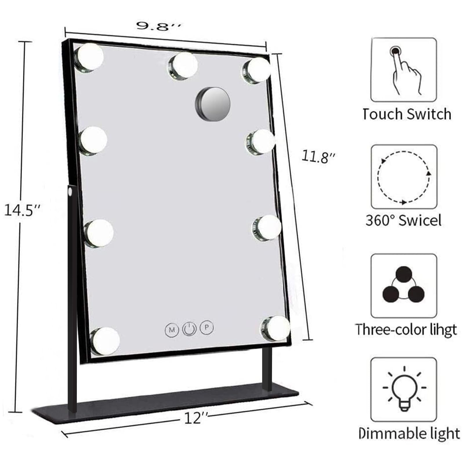Hansong 9-LED Lighted Vanity Mirror with 10X Magnification - 360° Rotating Hollywood Makeup Mirror with Detachable Mirror & Adjustable Brightness for Professional Makeup, Skincare, and Grooming at Home or Salon