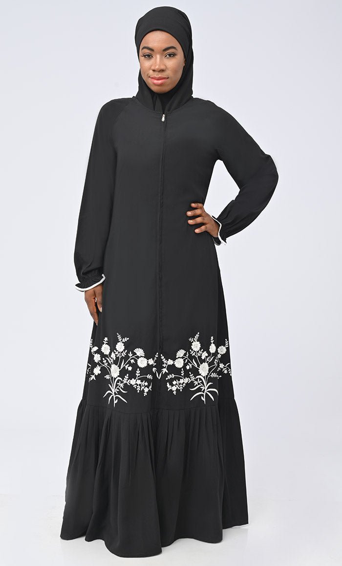 Elegant White Embroidered Abaya Dress with Pockets - Modest Muslim Women's Prayer Dress for Eid, Ramadan & Special Occasions
