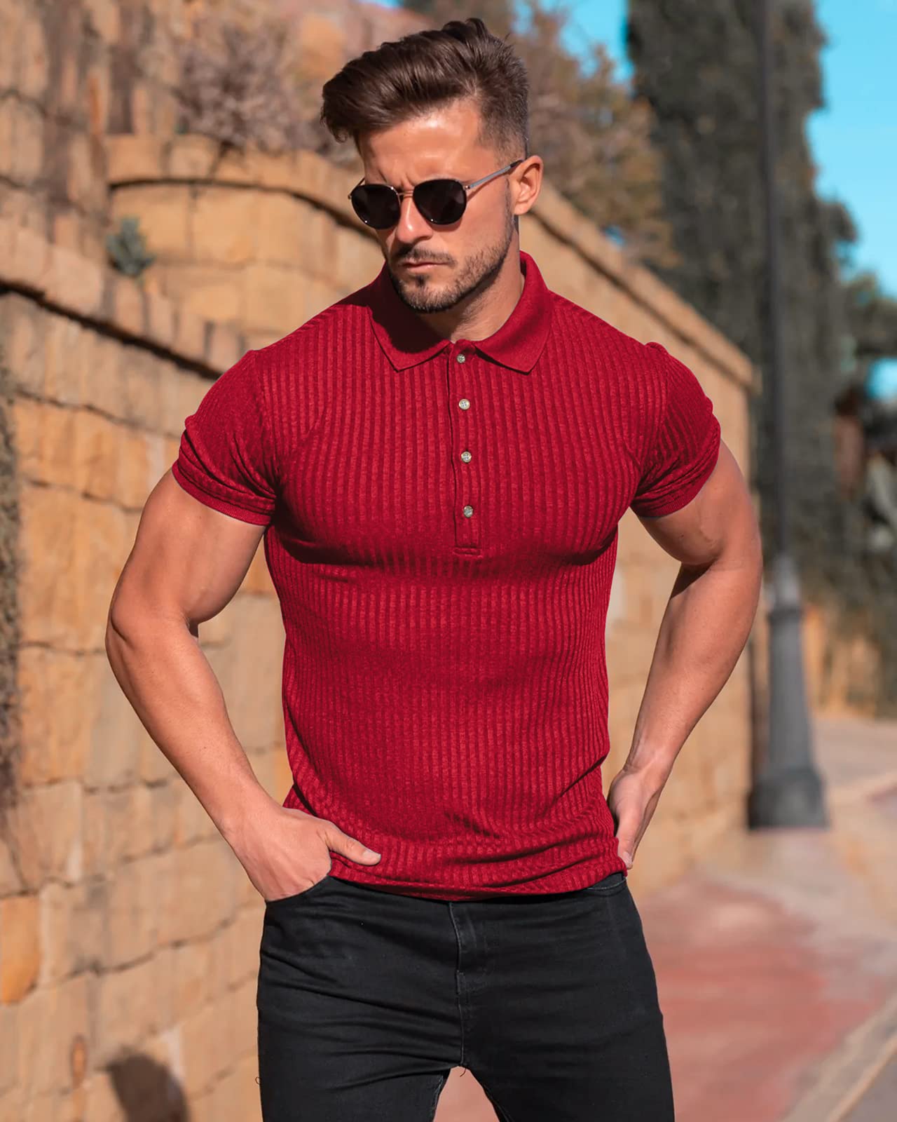 Men's Slim Fit Muscle Polo Shirts - Short Sleeve Ribbed Knit Golf & Bowling Shirts - Breathable Dry Fit Casual Tee for Sports, Work & Outdoor Activities
