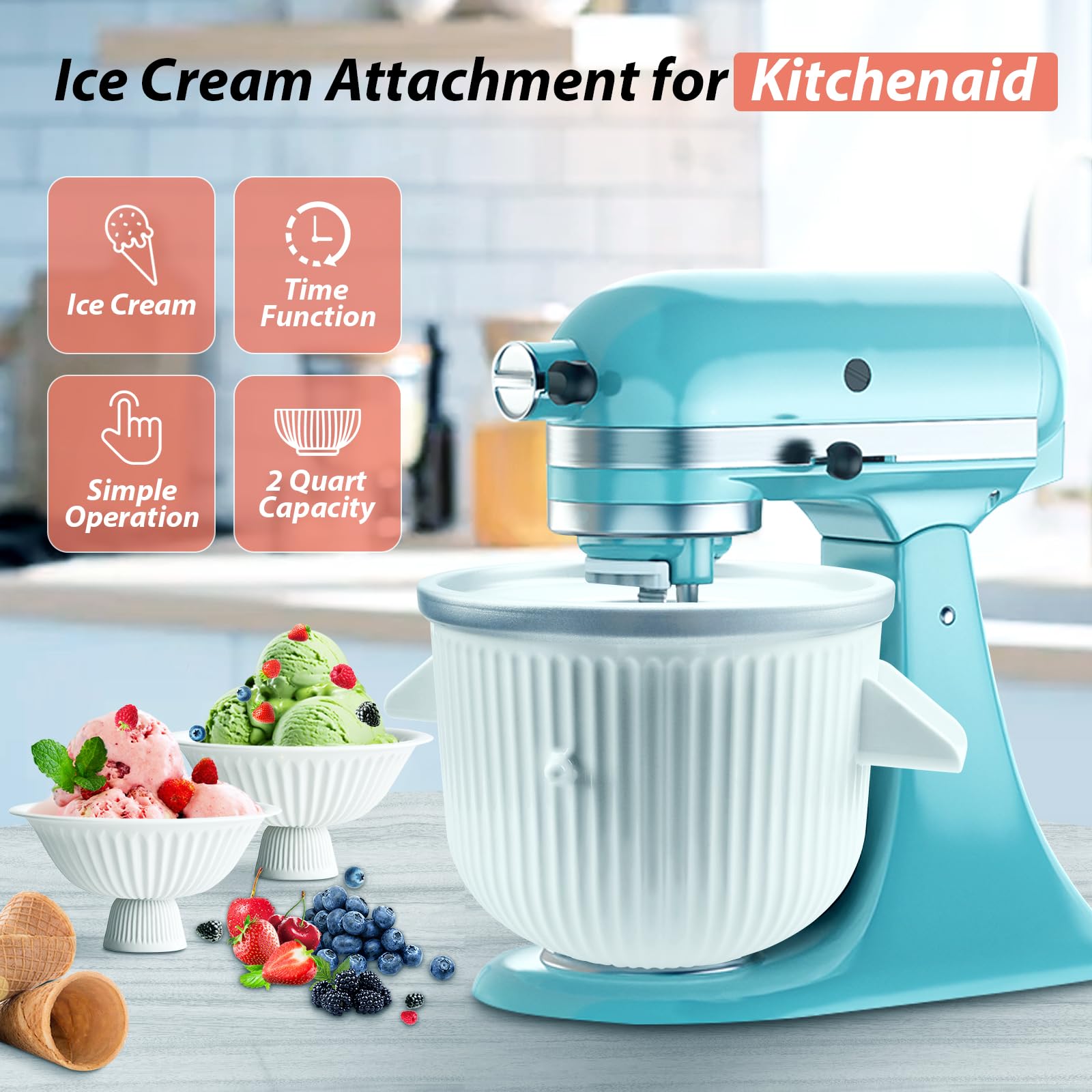 KitchenAid Ice Cream Maker Attachment - 2 Quart White Bowl for 4.5Qt+ Stand Mixers | Frozen Yogurt, Sorbet & Gelato Maker | Perfect for Summer Treats, Parties & Family Desserts