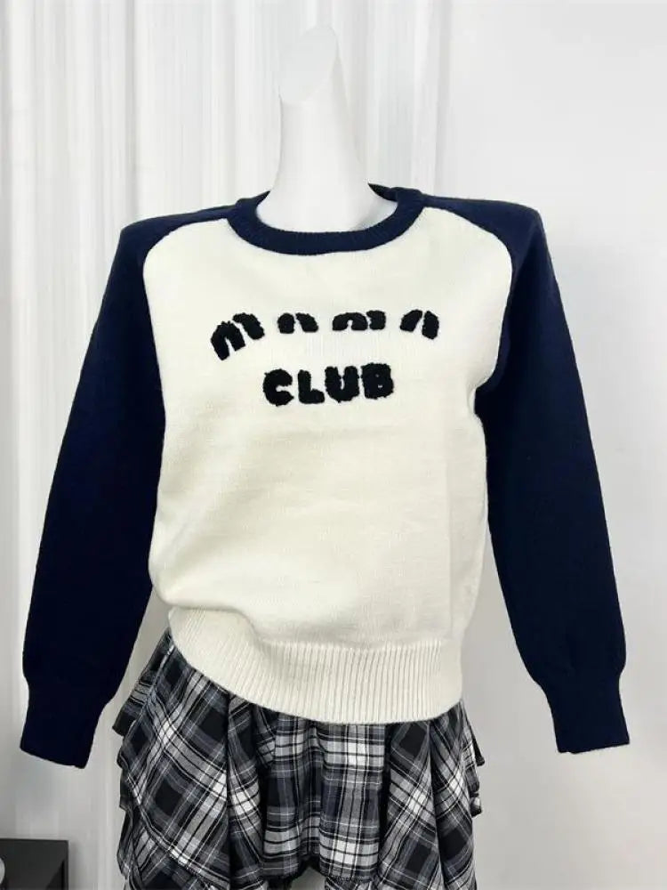 Elegant Black & White Colorblock Letter Embroidery Sweater for Women - Round Neck Long Sleeve Knit Pullover Top | Perfect for Fall Winter Fashion, Office Wear & Casual Outfits
