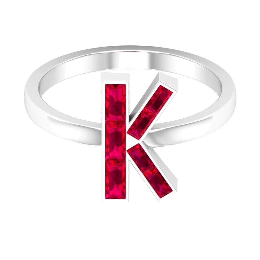 A-Z Alphabet Initial Rings - 14K White Gold Lab Created Ruby Letter Rings with Baguette & Channel Setting | Personalized Name Jewelry for Women, Gifts for Her, Birthday, Anniversary, Valentine's Day