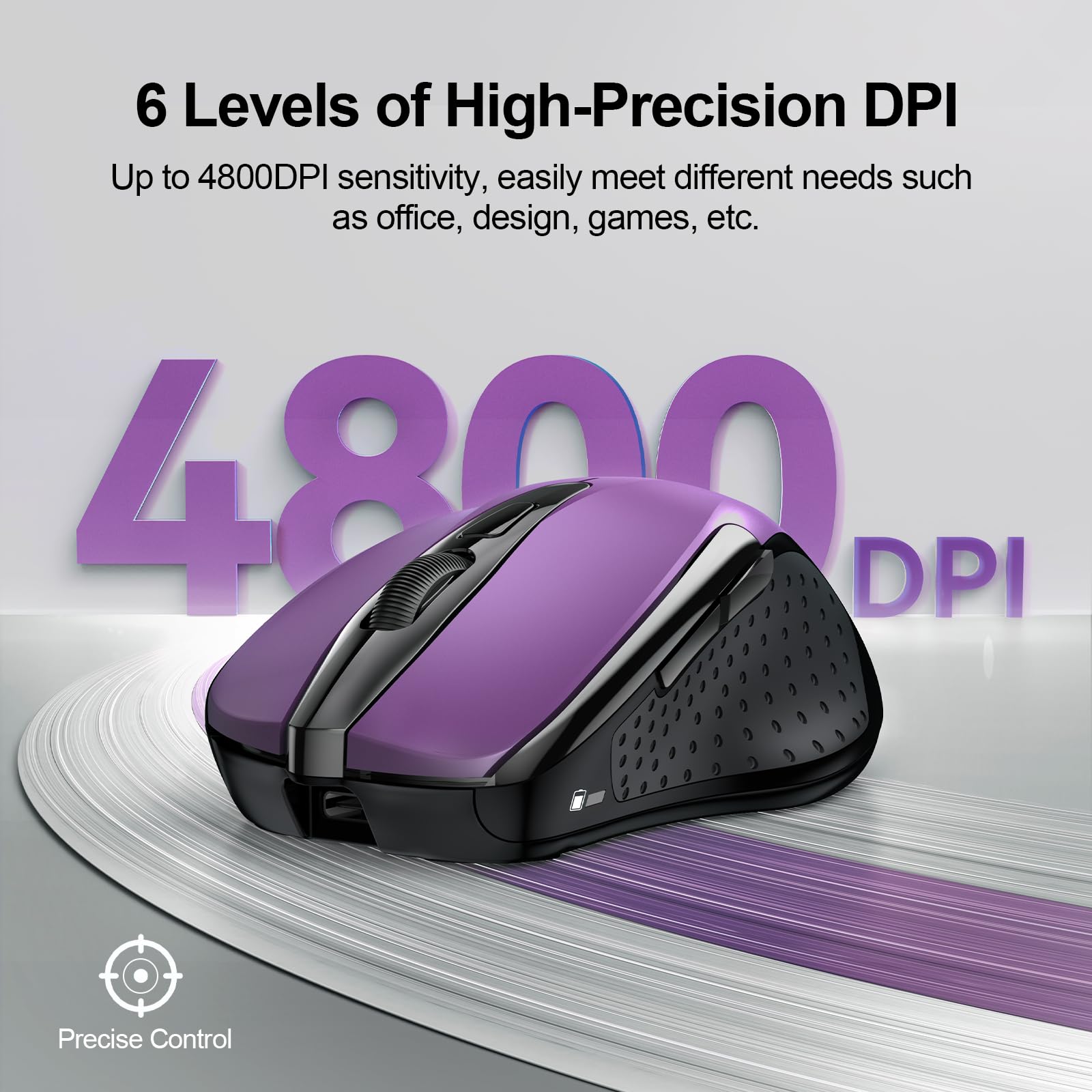 TECKNET Rechargeable Wireless Mouse - USB-A Silent Mouse with Quiet Click, 6 Adjustable DPI up to 4800, Ergonomic Design for Laptop & Chromebook, 2.4G Cordless Computer Mouse with 6 Buttons - Purple | Perfect for Office, Home & Travel Use